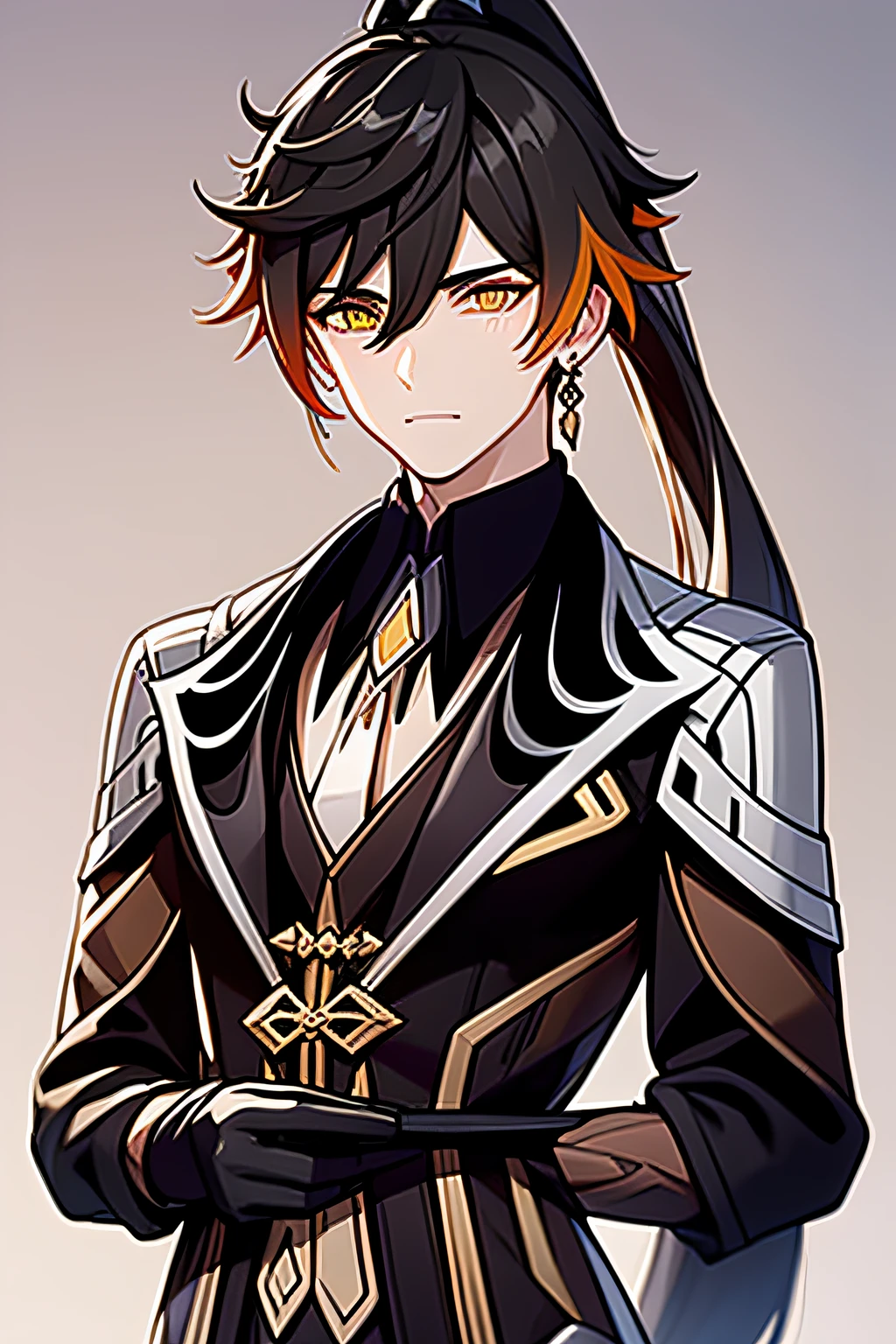 masterpiece, best quality,zhongli (genshin impact), male focus, jewelry, long hair, 1boy, solo, earrings, bangs, gloves, ponytail, black gloves, multicolored hair, brown hair, hair between eyes, single earring,  jacket, tassel earrings, long sleeves, tassel, looking at viewer, yellow eyes,gradient hair, suit, black hair,  (grey background:1.4),(kbxll:0.6)