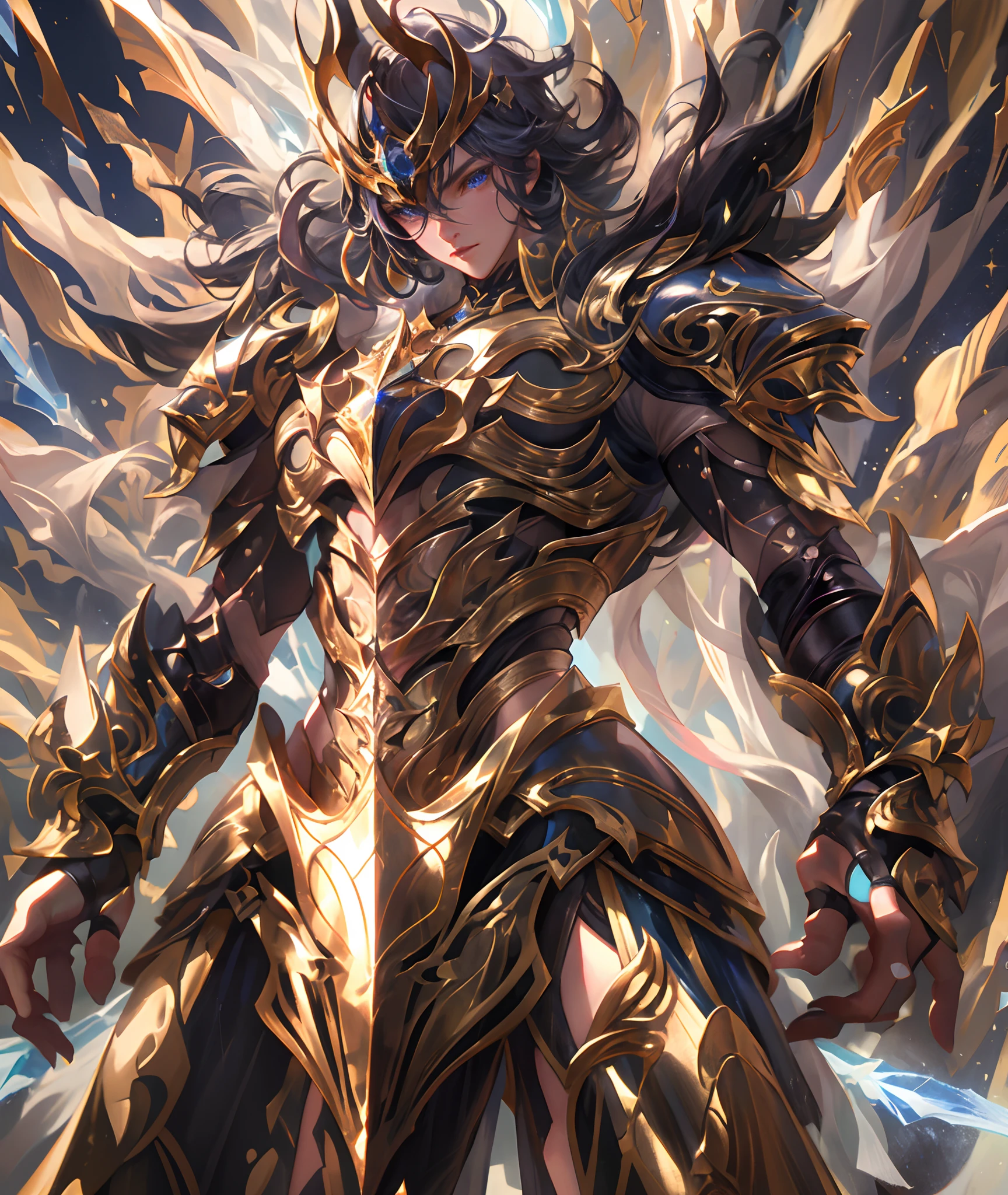 Ultra-high saturation,(tmasterpiece), fully body photo,(best qualtiy), (1girll), starryskybackground,Wearing shiny gold armor, Sexy lingerie type armor,Expose your chest,Expose the waistline,Exposing thighs,cool-pose, Saint Seiya Armor, messy hair,high detal, Anime style, Cinematic lighting, Sparkle, god light, Ray traching, filmgrain, hyper HD, textureskin, super detailing, Anatomical correct, A high resolution,Ultra-high saturation,hight contrast,High-gloss armor,Smooth skin,Serious expressions,Dark room,
