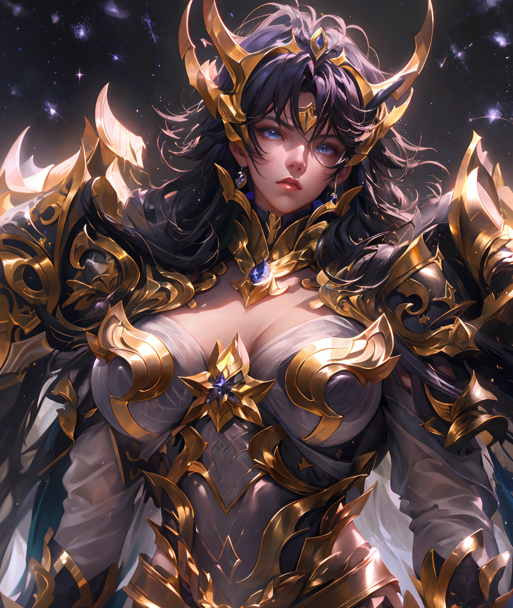 Ultra-high saturation，（tmasterpiece）， fully body photo，（best qualtiy）， （1girll）， starryskybackground，Wearing shiny gold armor， Sexy lingerie type armor，Expose your chest，Expose the waistline，Exposing thighs，cool-pose， Saint Seiya Armor， messy  hair，high detal, Anime style, Cinematic lighting, Sparkle, god light, Ray traching, filmgrain, hyper HD, textureskin, super detailing, Anatomical correct, A high resolution，Ultra-high saturation，hight contrast，High-gloss armor，Smooth skin，Serious expressions,Dark room,