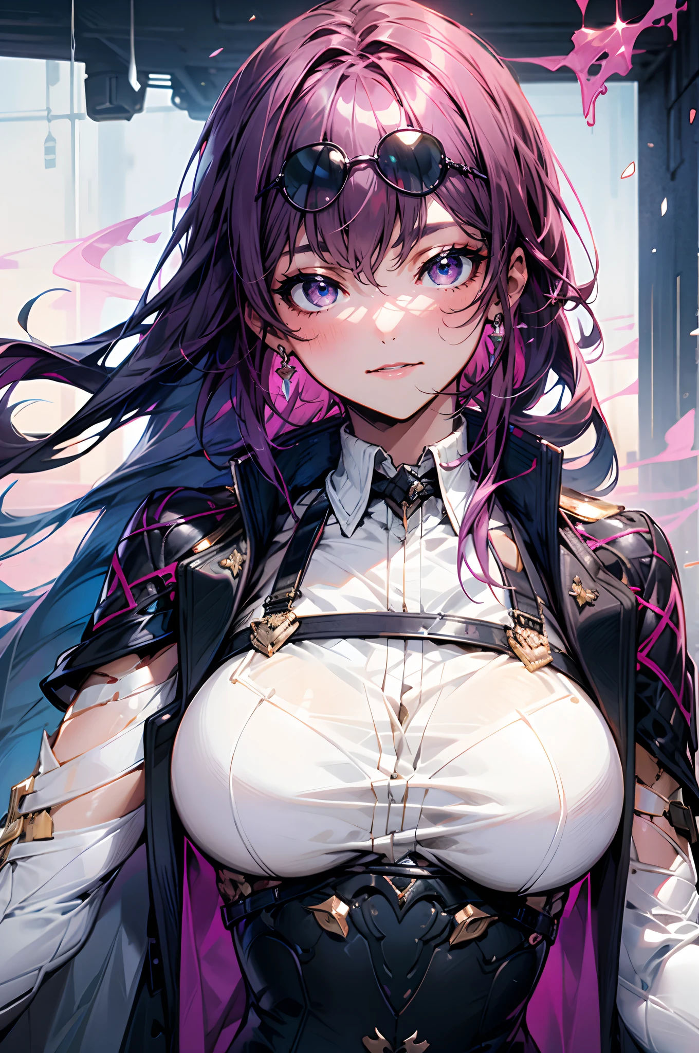 Masterpiece level, highest quality assurance, highlighting the image of 1 girl, official style, fantastic purple eyes and hair, elastic skin, moderate medium shot, looking directly at the audience, clear picture and vignetting effect, detailed and charming eyes (pureerosface_v1:0.5), extremely provocative action, intense star track background, bustling cross-legged, arrogant bangs, horror apocalyptic background, the same color of left and right eyes, (from below:1.5), (one girl:1.5)