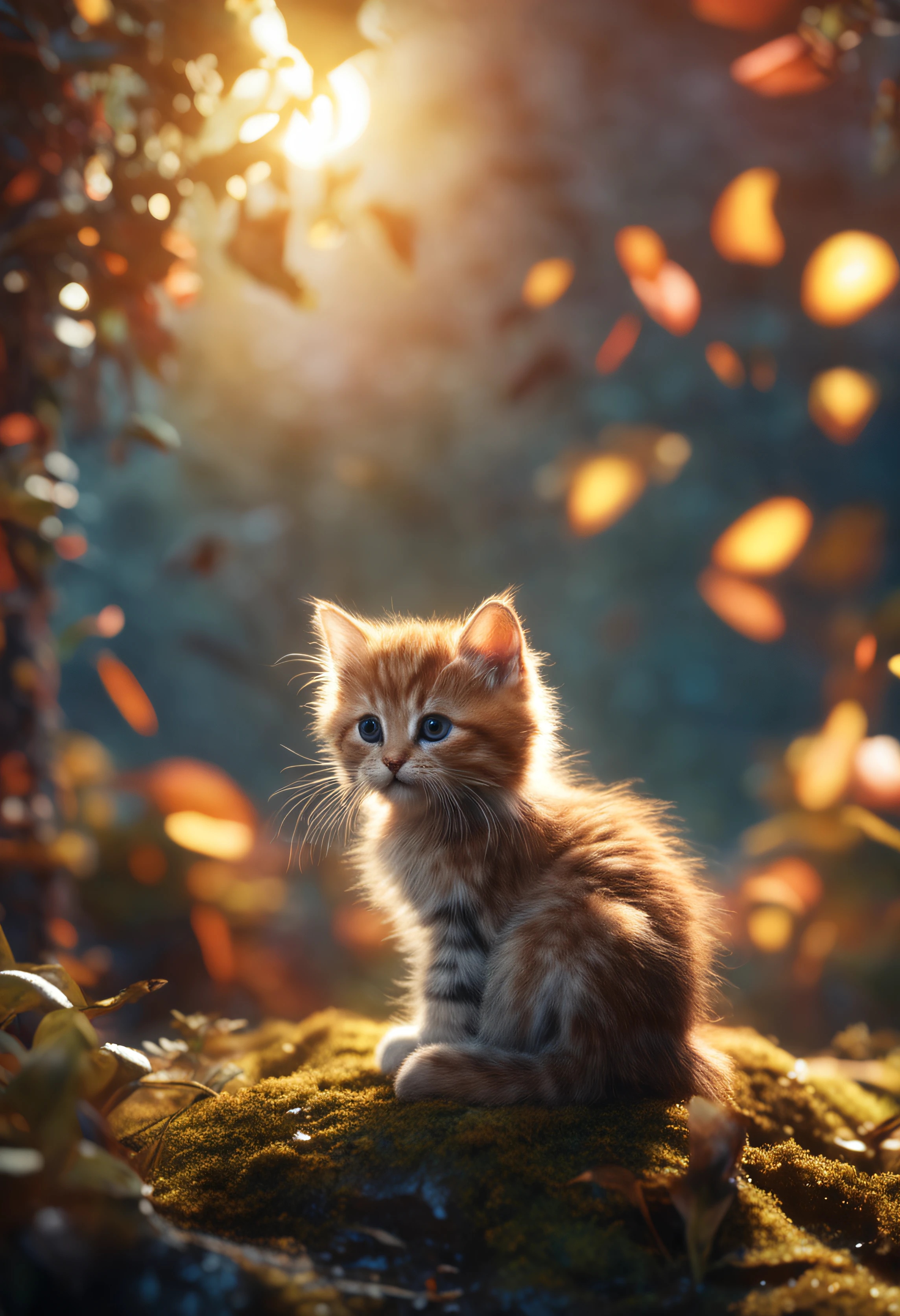 Very cute closeup photo of kitten sitting in the forest, Soft volumetric lamp (retroiluminação: 1.3), (kinematics: 1.2), intricately details