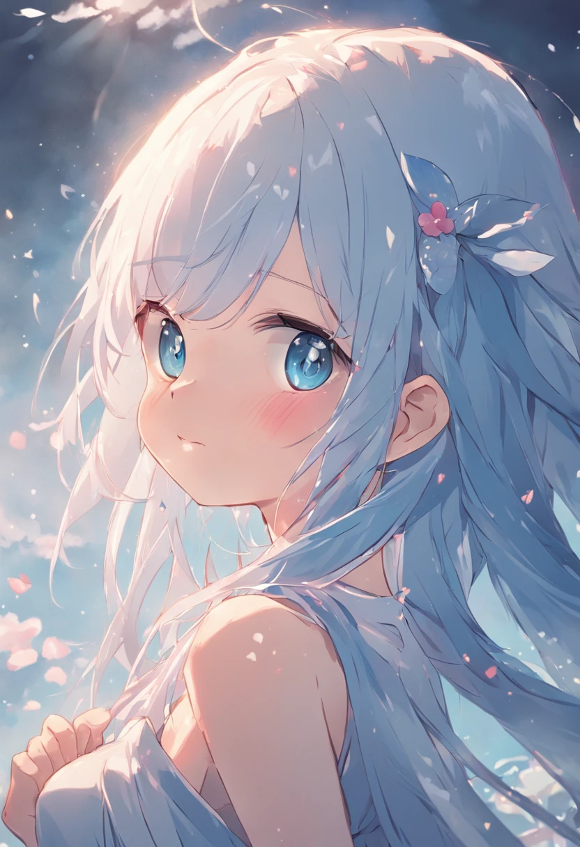 {{Masterpiece}},Best quality,1girll,Solo,illustration,ahoge,Young ****,Gradient white hair,The long-haired,{{Beautiful detailed eyes}},Blue serafuku,Looking_at_peeping at the viewer,Small breast,gradient blue eyes,Arms_Behind_back,Hair_flower,Beautiful detailed sky,water,Half body,Sunset,flower_petals,Detached_Sleeves,Smile,Beautiful detailed hair,