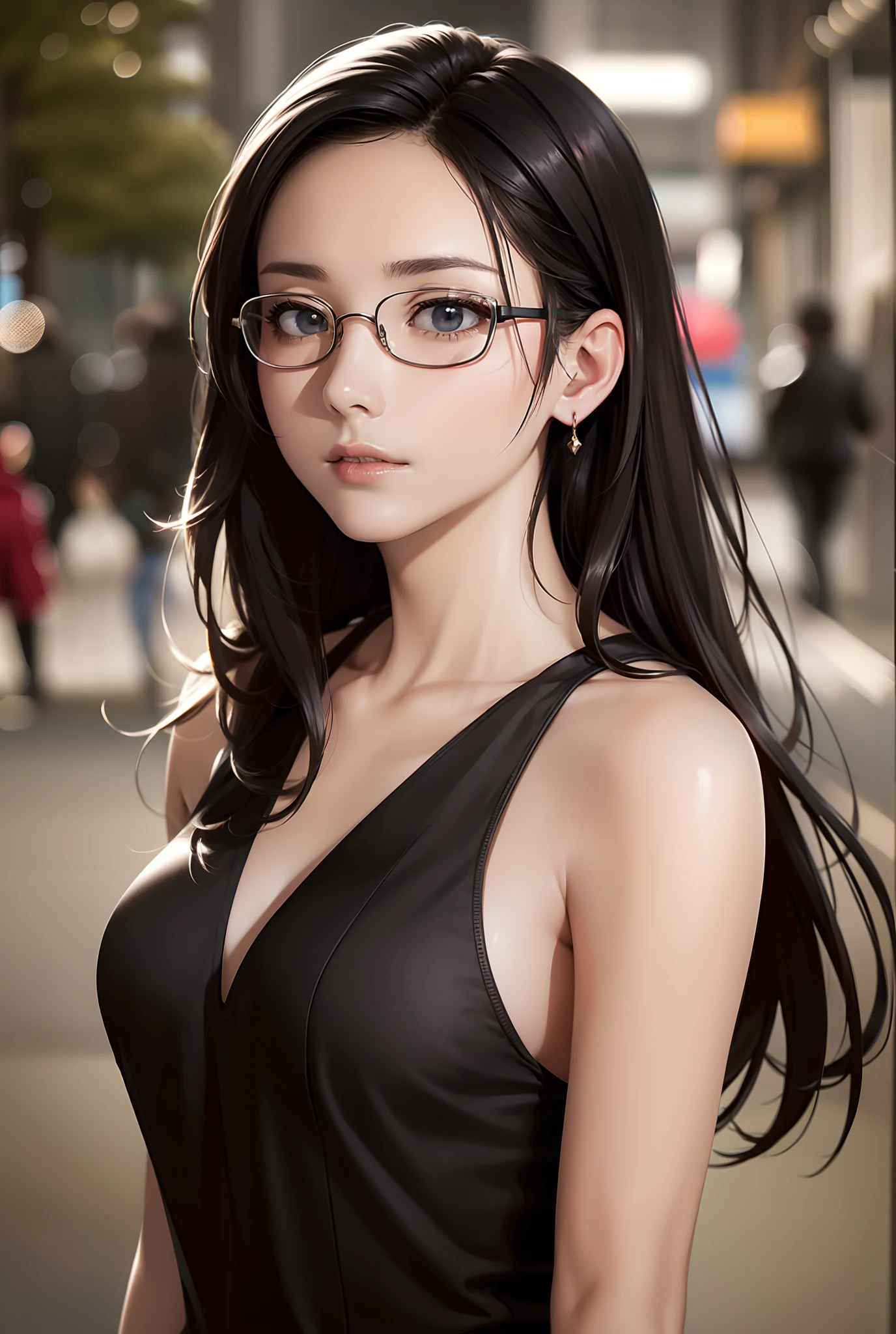 (best quality, masterpiece:1.2),(28 year old mature woman))simple lines, anime style, goth girl, huge breasts, glasses, choker, crucifix earrings on one ear, dark background, cross necklace, 
