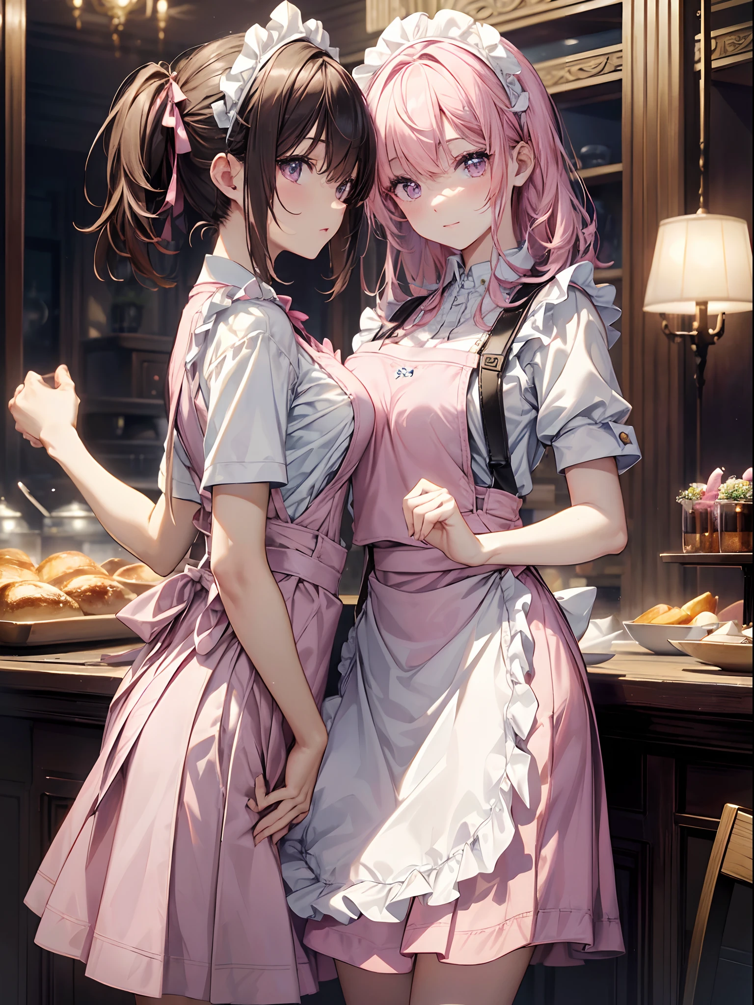 absurderes,(​masterpiece、top-quality、8K ),intricate detailes,ultra-detailliert、One Too Beautiful Beauty、A slight smil、Quiet restaurant、
(pink Family Restaurant Uniforms:1.2), (pink suspender skirt:1.4),(pink apron:1.2), (double-breasted,underbust:1.2), (pink high-waist skirt:1.3), (apron over pink skirt:1.3), (white shirt:1.2), button gap,short sleeves, nametag, professional lighting,hyper realistic,perfect anatomy ,
