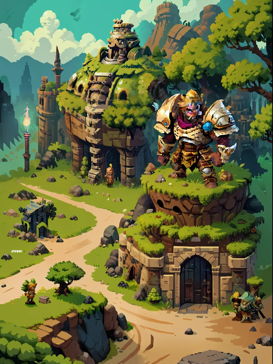 （Pixel art：1.4），Q version《Dungeons and dragons》，borgar，warrior，armor，The tree，A princess，Monsters，wasteland，drak，（（best qualtiy）），super-fine，8k，A detailed，acurate