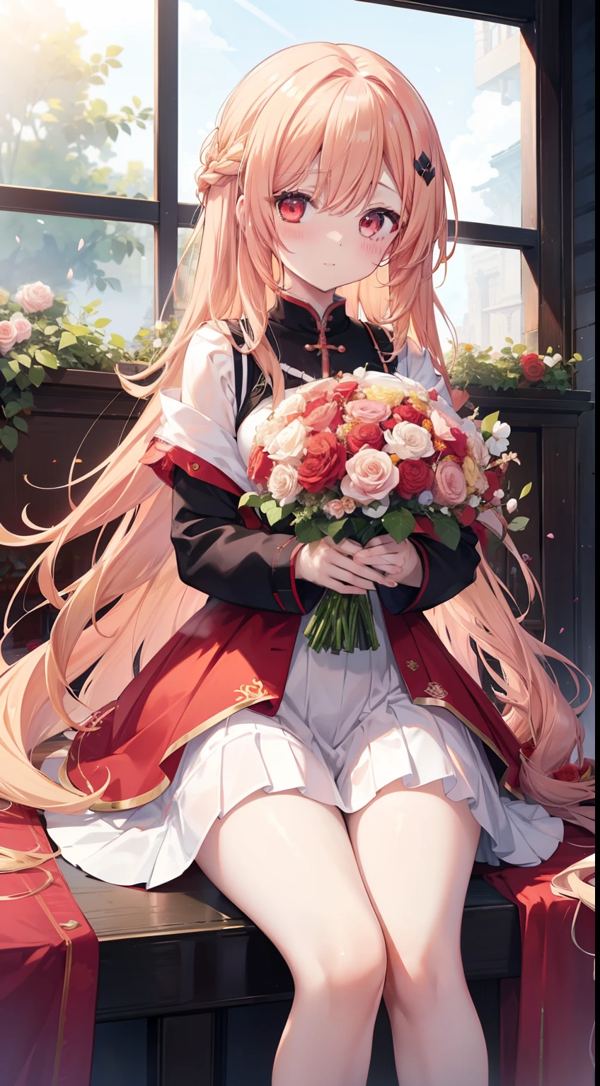 red blush、Wavy blonde hair、red eyes、Beautiful girl alone、animesque、独奏、Dresses in bright colors、a miniskirt、rose garden、lonely、Bouquet of roses、Meticulous feet、Beautifully aligned fingers