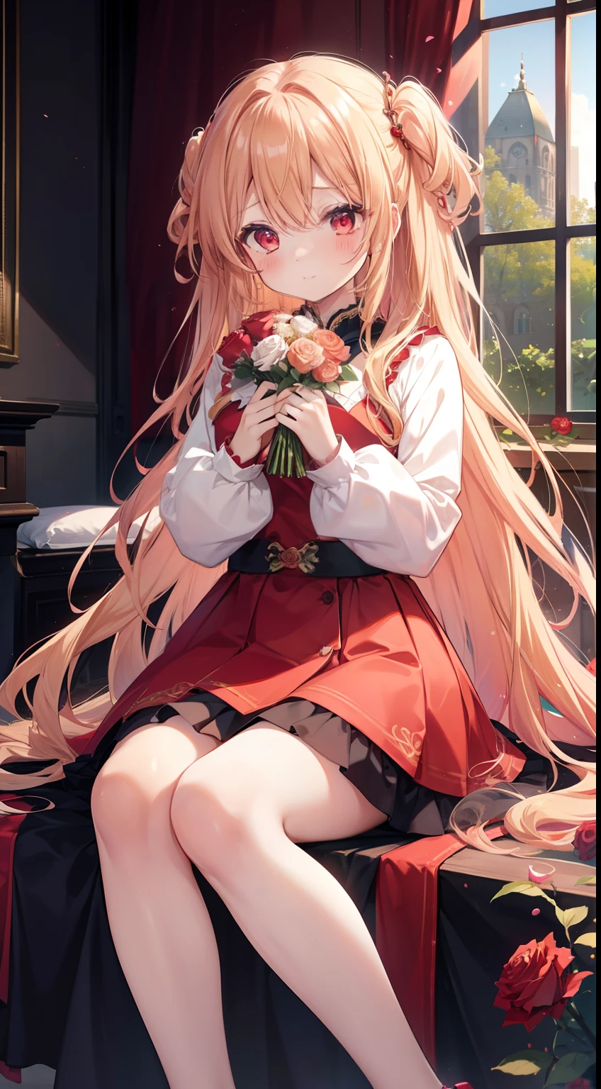 red blush、Wavy blonde hair、red eyes、Beautiful girl alone、animesque、独奏、Dresses in bright colors、a miniskirt、rose garden、lonely、Bouquet of roses、Meticulous feet、Beautifully aligned fingers