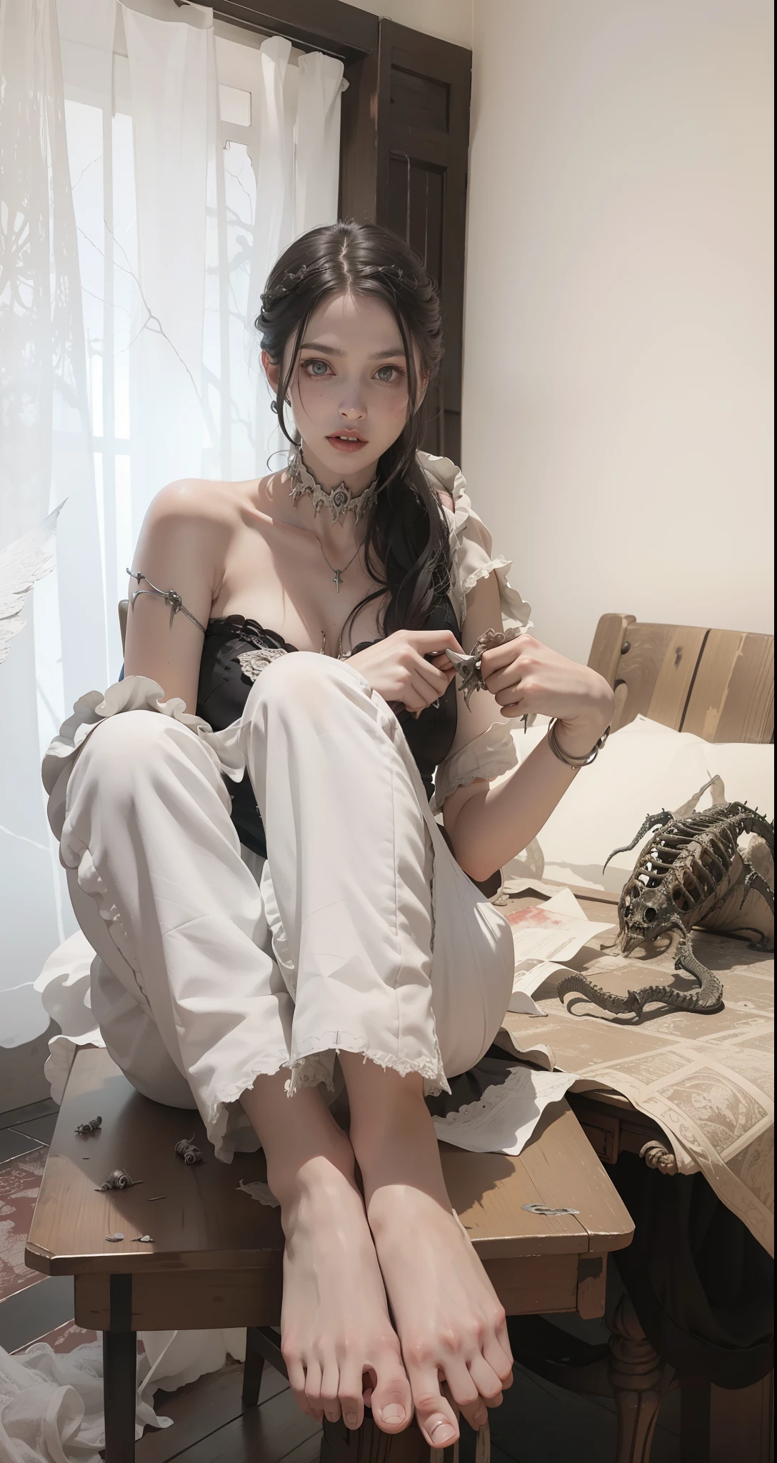 Fine matte paint,Skeleton Dark Angel, Haunted castle with large wings, Fill the drawing table with a knife,terroral,uncanny,horrid,secret terror,tentaculata,grape trees,The eye,uncanny valley effect teeth,all fours,Critters,Blood Moon,8K,Delicate face,Normal woman toes