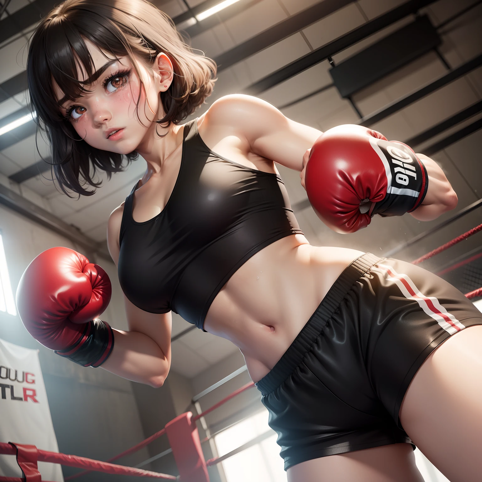 High School Girl Idol Boxer、shortpants、Black tank top、full of sweat、Boxing gloves、punch