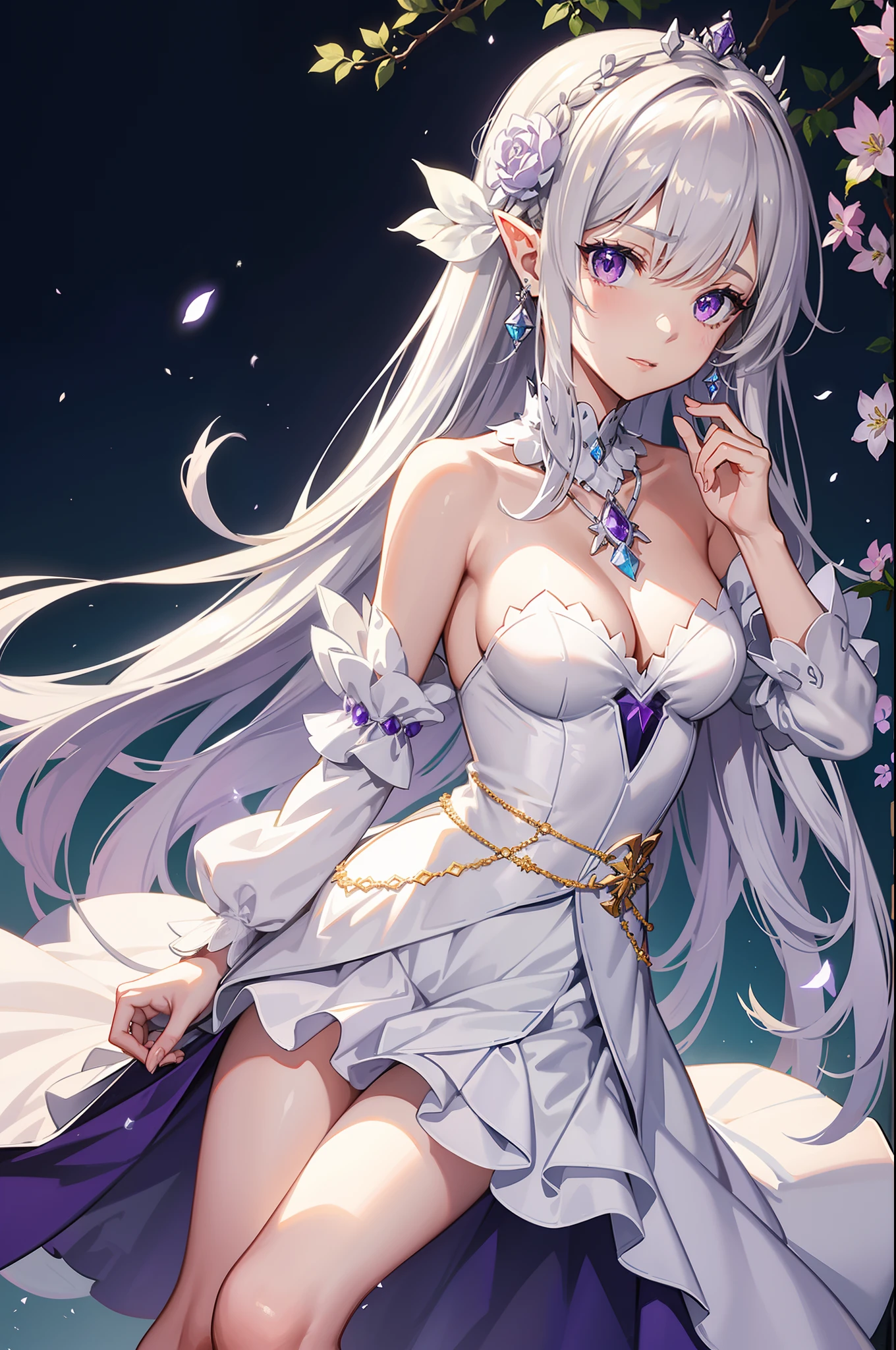 Emilia from Re:Zero kara Hajimeru Isekai Seikatsu, half elf, gorgeous white and purple wet elegant wedding dress, holding a bunch of clematis, silk accesory, veil, grace hair style, flower flying effect, garden background, perfect body shape, small breast, empress and forzen aura, detailed skin, silver necklace, diamond ring, masterpieces, silver and light purple pupil, heavy make up, best quality anime 4k wallpaper quality, extreme eye detail, flower earring, belt, collar, silver crown, white legging