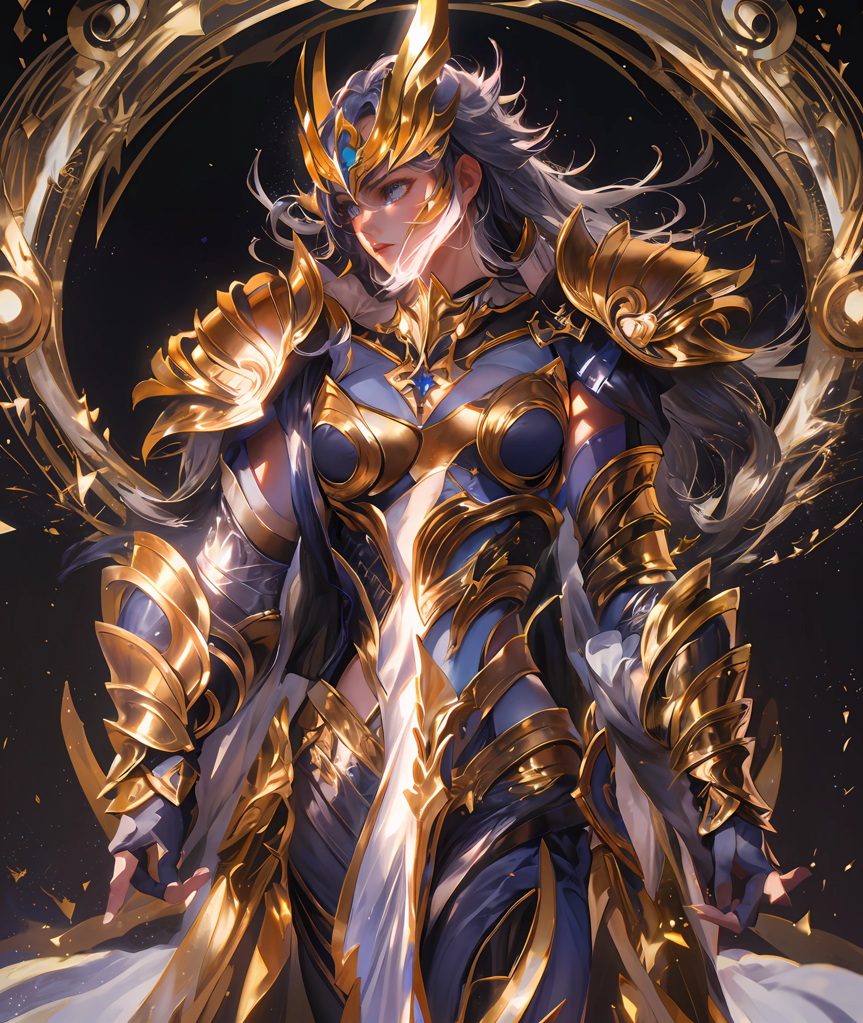 Ultra-high saturation,(tmasterpiece), fully body photo,(best qualtiy), (1girll), starryskybackground,Wearing shiny gold armor, Sexy lingerie type armor,Expose your chest,Expose the waistline,Exposing thighs,cool-pose, Saint Seiya Armor, messy hair,high detal, Anime style, Cinematic lighting, Sparkle, god light, Ray traching, filmgrain, hyper HD, textureskin, super detailing, Anatomical correct, A high resolution,Ultra-high saturation,hight contrast,High-gloss armor,Smooth skin,Serious expressions,Dark room,