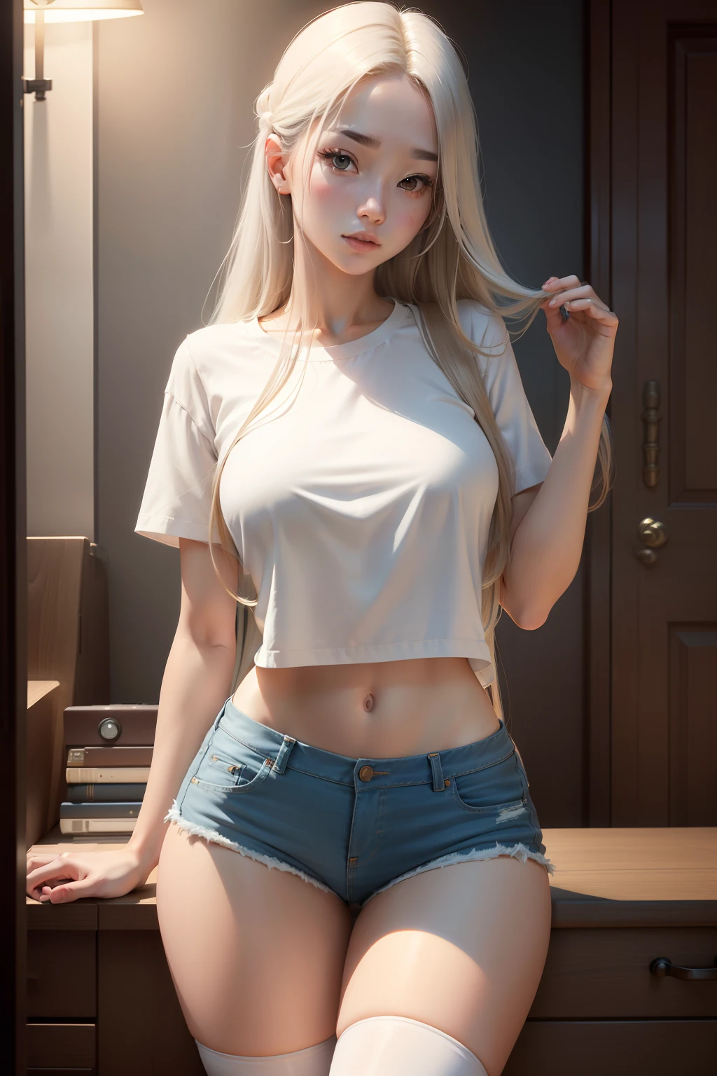 realistic, high resolution, 1 girl, long hair, korean,, loose white shirt, skinny denim shorts,, thighs, panties visible,Stockings