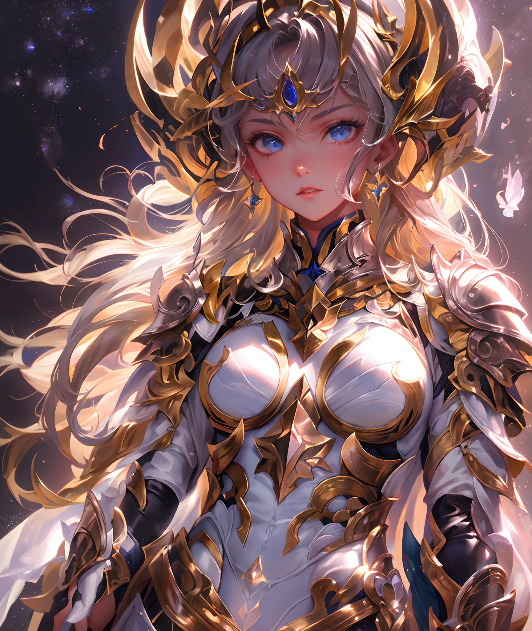 Ultra-high saturation,(tmasterpiece), fully body photo,(best qualtiy), (1girll), starryskybackground,Wearing shiny gold armor, Sexy lingerie type armor,Expose your chest,Expose the waistline,Exposing thighs,cool-pose, Saint Seiya Armor, messy hair,high detal, Anime style, Cinematic lighting, Sparkle, god light, Ray traching, filmgrain, hyper HD, textureskin, super detailing, Anatomical correct, A high resolution,Ultra-high saturation,hight contrast,High-gloss armor,Smooth skin,Serious expressions,Dark room,