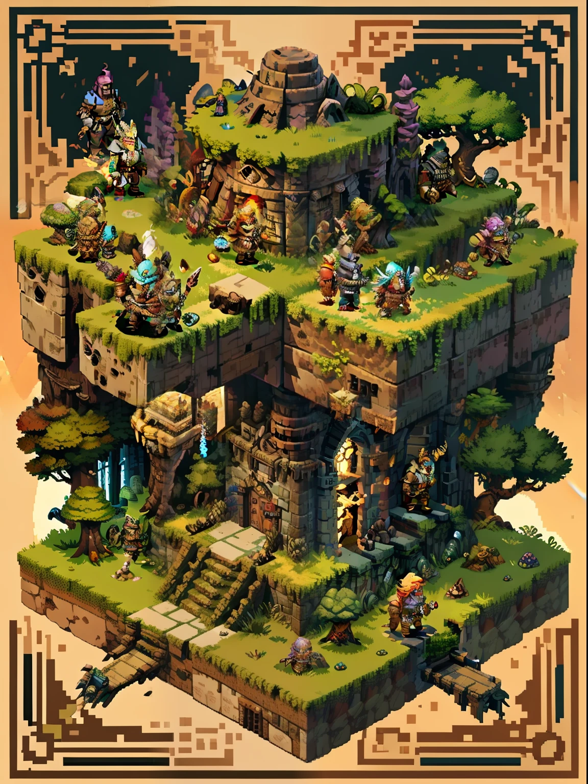pixel game,(Pixel art:1.4),Q version《Dungeons and dragons》,borgar,warrior,armor,The tree,A princess,Monsters,wasteland,drak,((best qualtiy)),super-fine,8k,A detailed,acurate