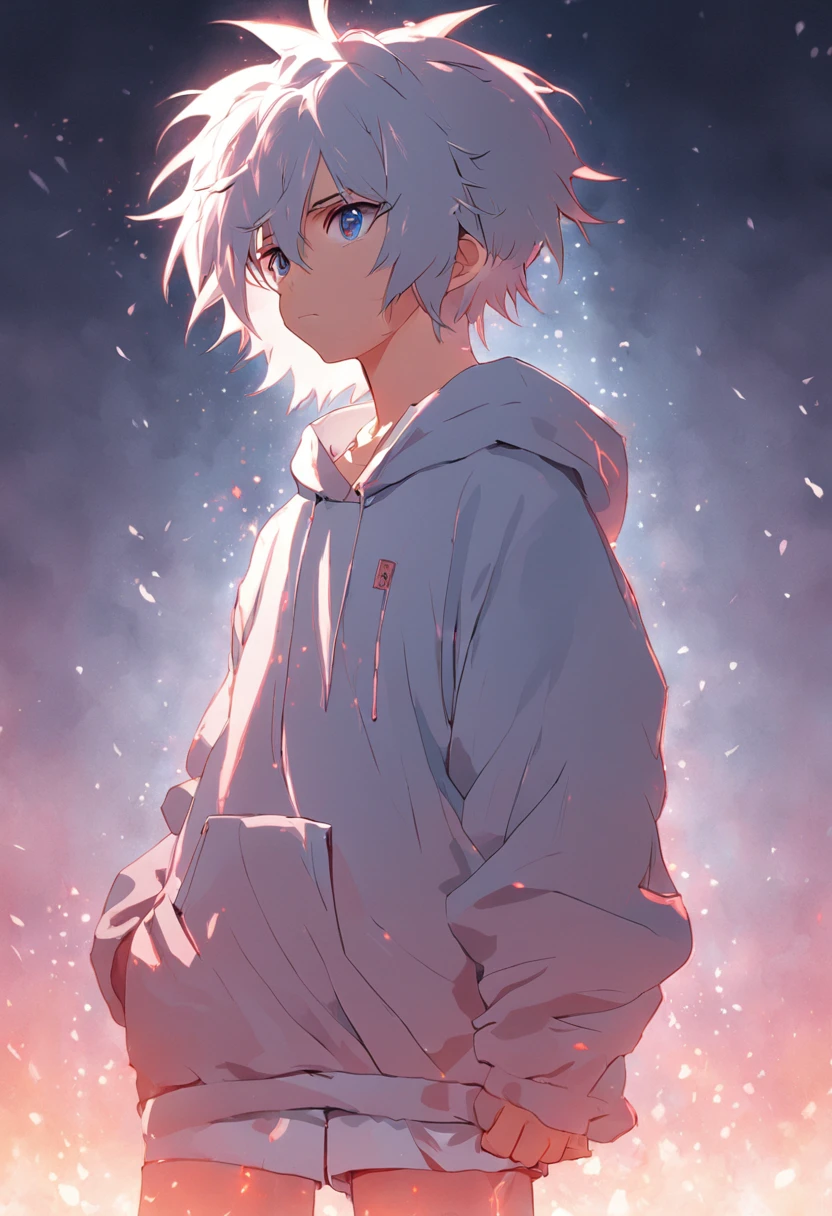 Gray-haired Japanese anime youth,Wearing VR glasses,, White hoodie, White shorts, No tattoos, No beard, old, Wear white VR glasses