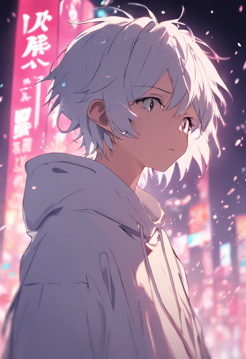 Gray-haired Japanese anime youth,Wearing VR glasses,, White hoodie, White shorts, No tattoos, No beard, 16 yaers old, Wear white VR glasses