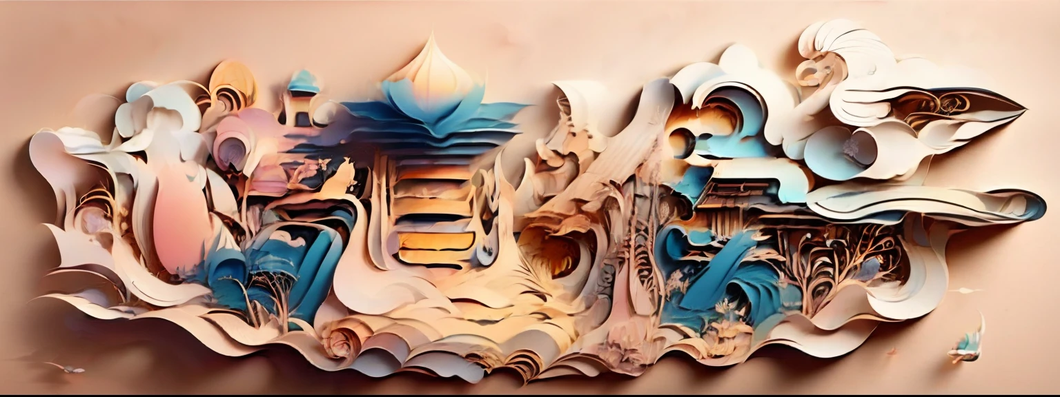3D Paper Cutting Multidimensional Paper Cutting - Paper Cutting,Chinese Painting Chinese illustration,Landscape view,Auspicious clouds,Light beige background,Gradient pasta style