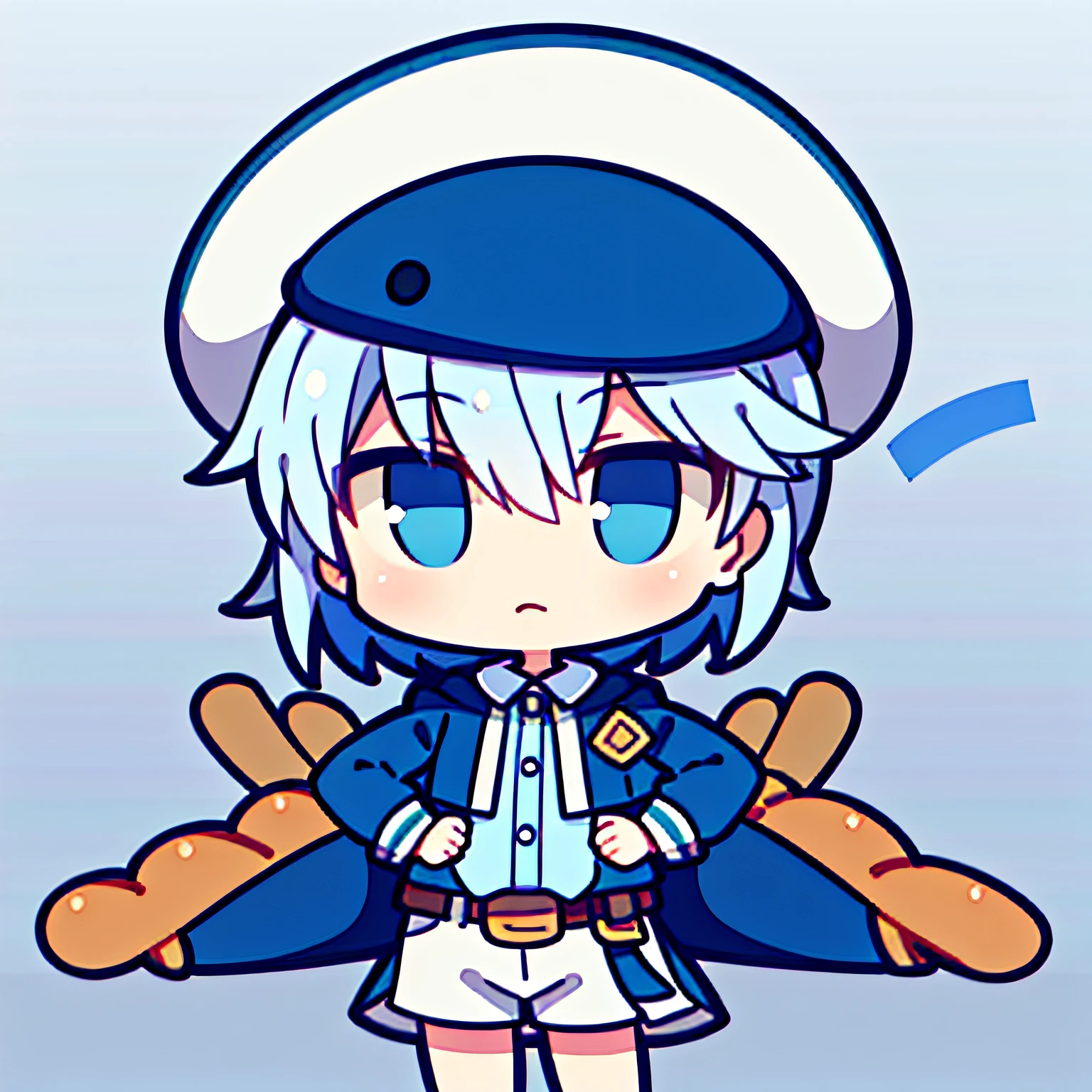 A boy,full bodyesbian, White background, High detail, hyper HD,((Multiple colors)),Short silver hair,Blue hat,Crisp shirt shorts,With a baguette in his hand
