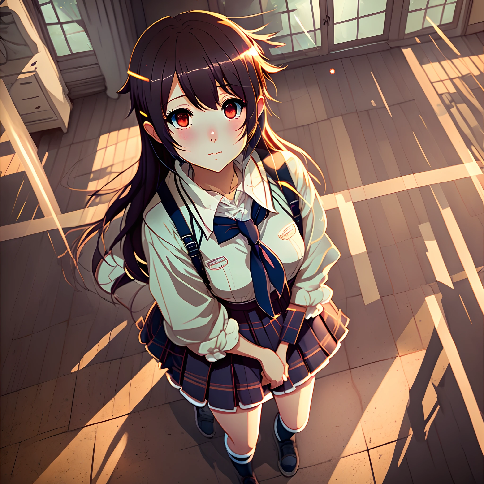masterpiece, wide angle, full body, POV, from above, anime style, anime girl, makeup, parted lips, blush, school uniform, classroom, light rays, light, glow, by Makoto Shinkai --auto --s2