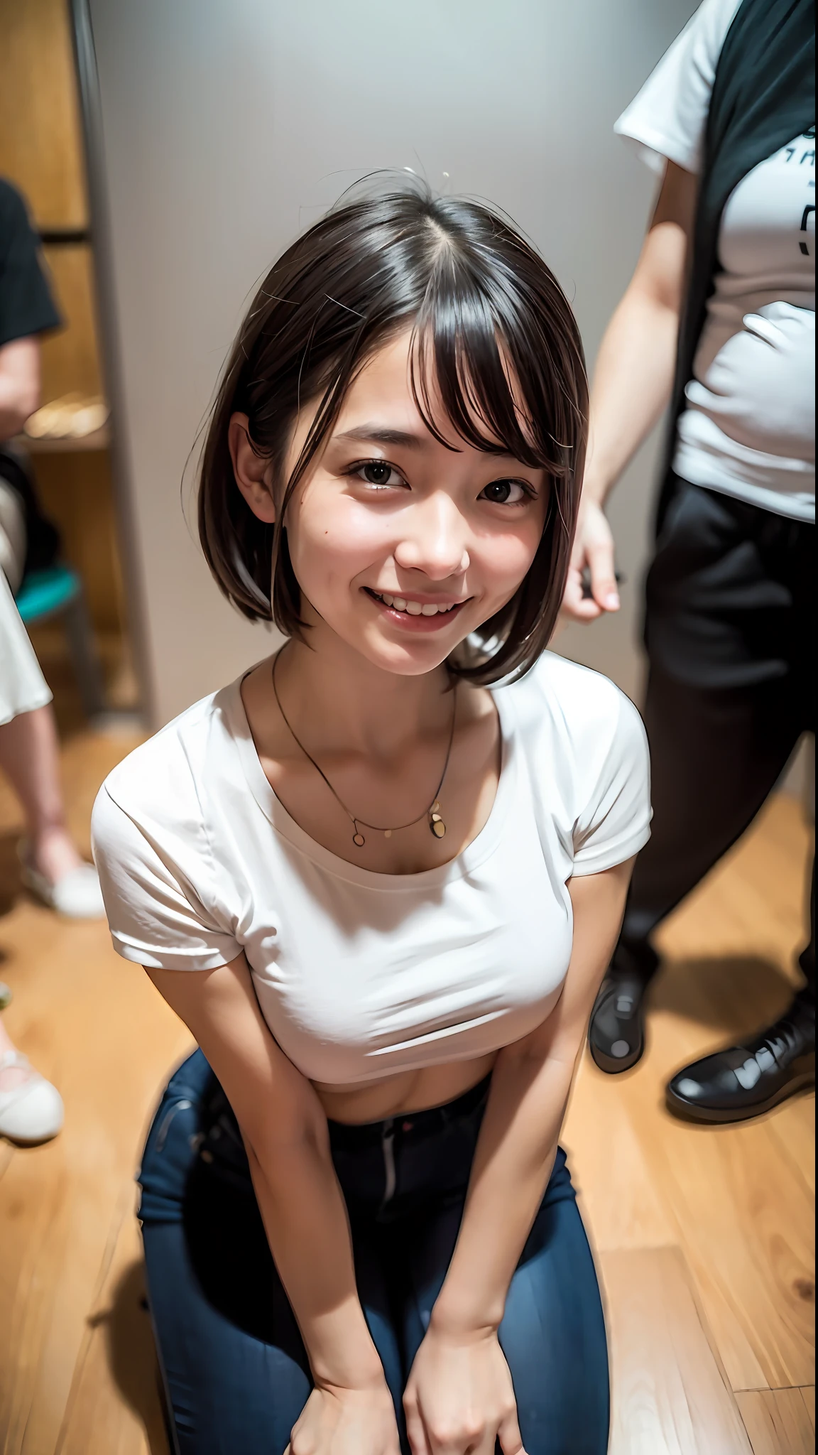 (top-quality、8K、32K、masuter piece、nffsw:1.2)、Cute Japan Girl、女の子1人、profile、(Split abs、slim figure:1.2)、(s lips) 、（Black hair）、二重まぶた、shinny skin、Realistic rays、mare、beauitful face、(A smile:1.3)、crouching down、(From  above:1.2)、(a closeup:1.4)、shores、Colorful T-shirt、blurry backround、(Front Focus)、(Dark: 1.6)、Fantasy Art、photoRealstic、Professional Lighting、extra detailed face、Award-winning、deep-shadows、