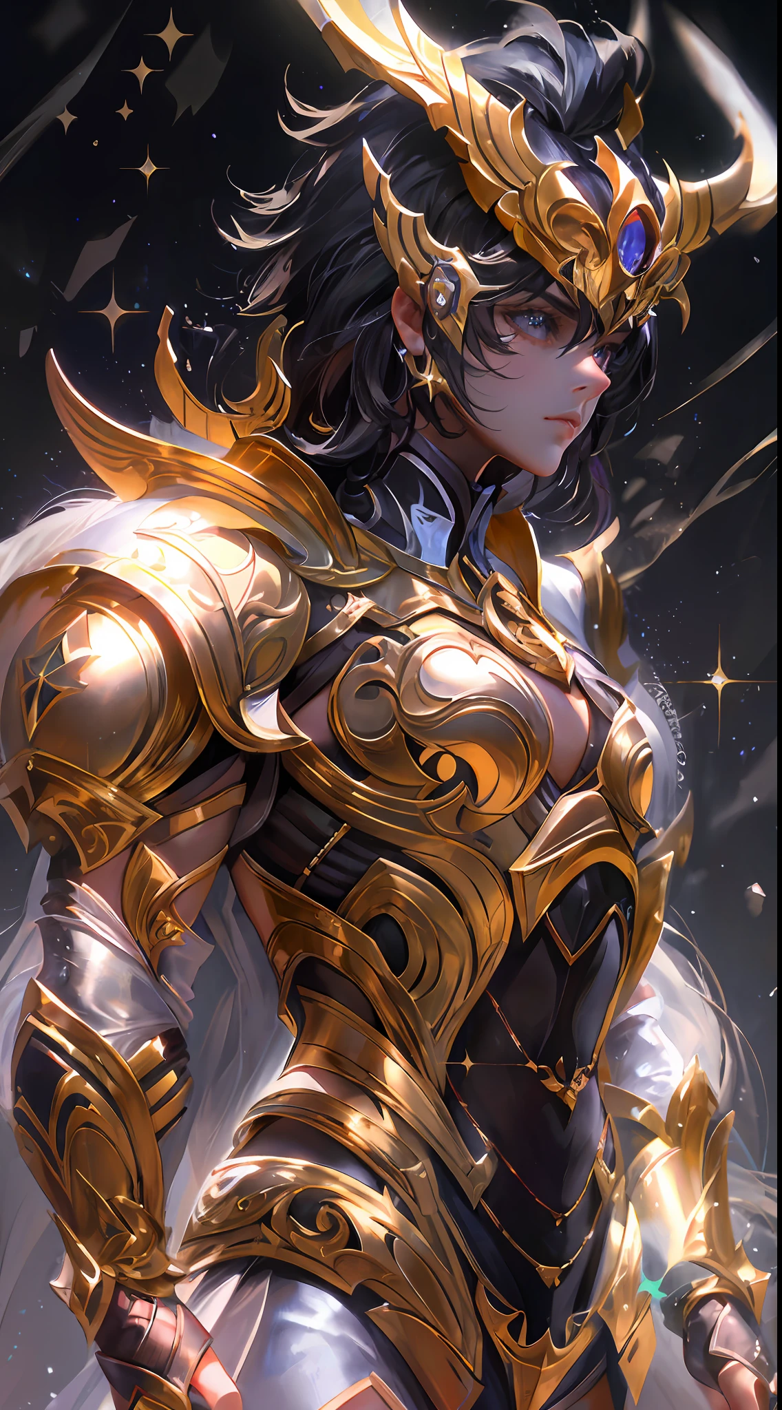 Ultra-high saturation，（tmasterpiece）， fully body photo，（best qualtiy）， （1girll）， starryskybackground，Wearing shiny gold armor， Sexy lingerie type armor，Expose your chest，Expose the waistline，Exposing thighs，cool-pose， Saint Seiya Armor， messy  hair，high detal, Anime style, Cinematic lighting, Sparkle, god light, Ray traching, filmgrain, hyper HD, textureskin, super detailing, Anatomical correct, A high resolution，Ultra-high saturation，hight contrast，High-gloss armor，Smooth skin，Serious expressions,Dark room,