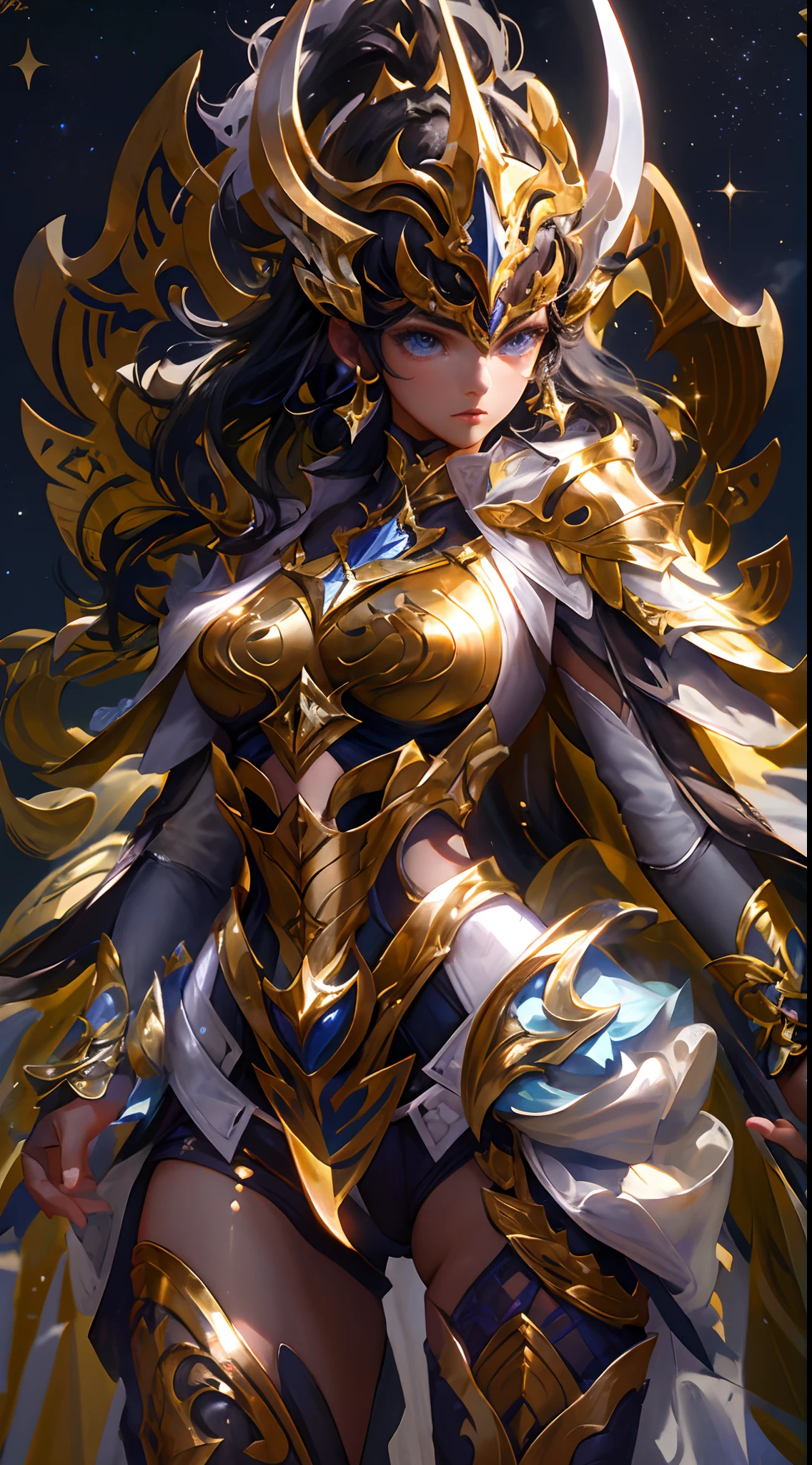 Ultra-high saturation,(tmasterpiece), fully body photo,(best qualtiy), (1girll), starryskybackground,Wearing shiny gold armor, Sexy lingerie type armor,Expose your chest,Expose the waistline,Exposing thighs,cool-pose, Saint Seiya Armor, messy hair,high detal, Anime style, Cinematic lighting, Sparkle, god light, Ray traching, filmgrain, hyper HD, textureskin, super detailing, Anatomical correct, A high resolution,Ultra-high saturation,hight contrast,High-gloss armor,Smooth skin,Serious expressions,Dark room,