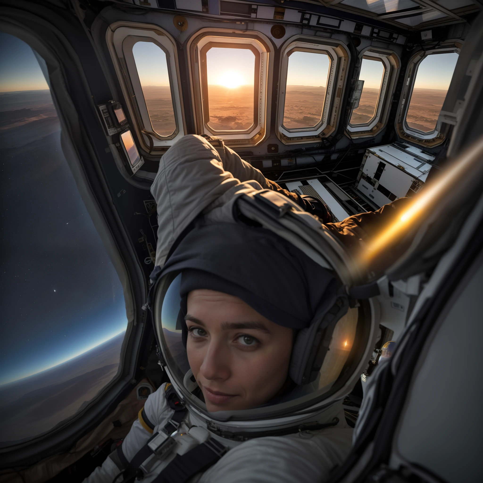 Arafard view of a man sitting in a space station looking out the window, window into space behind them, looking off into space, space seen outside from a window, Spaceship window, Fly a small space shuttle, overlooking martian landscape, during sunrise, realistic photo from nasa, The last selfie on earth, looking towards the horizon, space tourism, looking out at a sunset