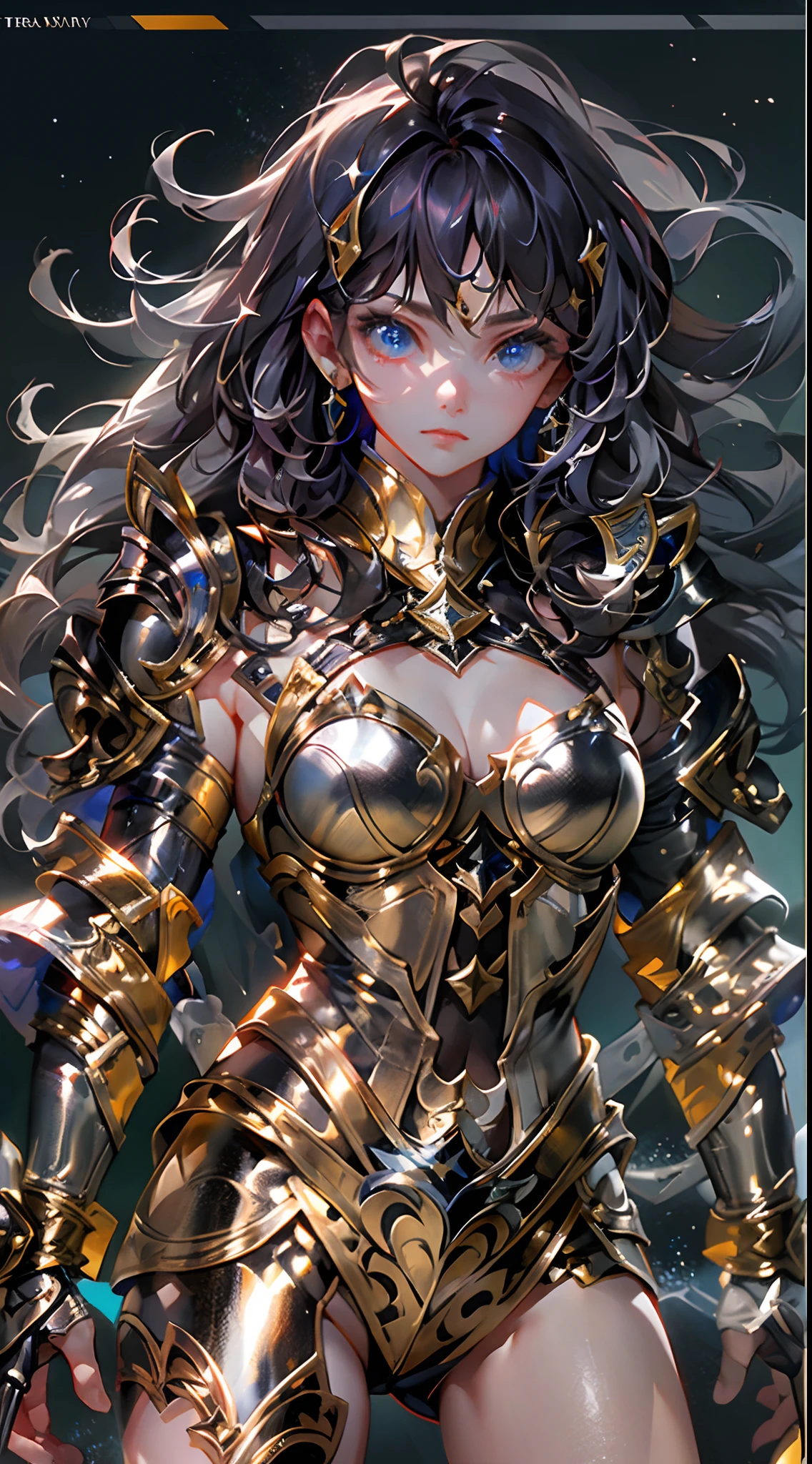 Ultra-high saturation,(tmasterpiece), fully body photo,(best qualtiy), (1girll), starryskybackground,Wearing shiny gold armor, Sexy lingerie type armor,Expose your chest,Expose the waistline,Exposing thighs,cool-pose, Saint Seiya Armor, messy hair,high detal, Anime style, Cinematic lighting, Sparkle, god light, Ray traching, filmgrain, hyper HD, textureskin, super detailing, Anatomical correct, A high resolution,Ultra-high saturation,hight contrast,High-gloss armor,Smooth skin,Serious expressions,Dark room,