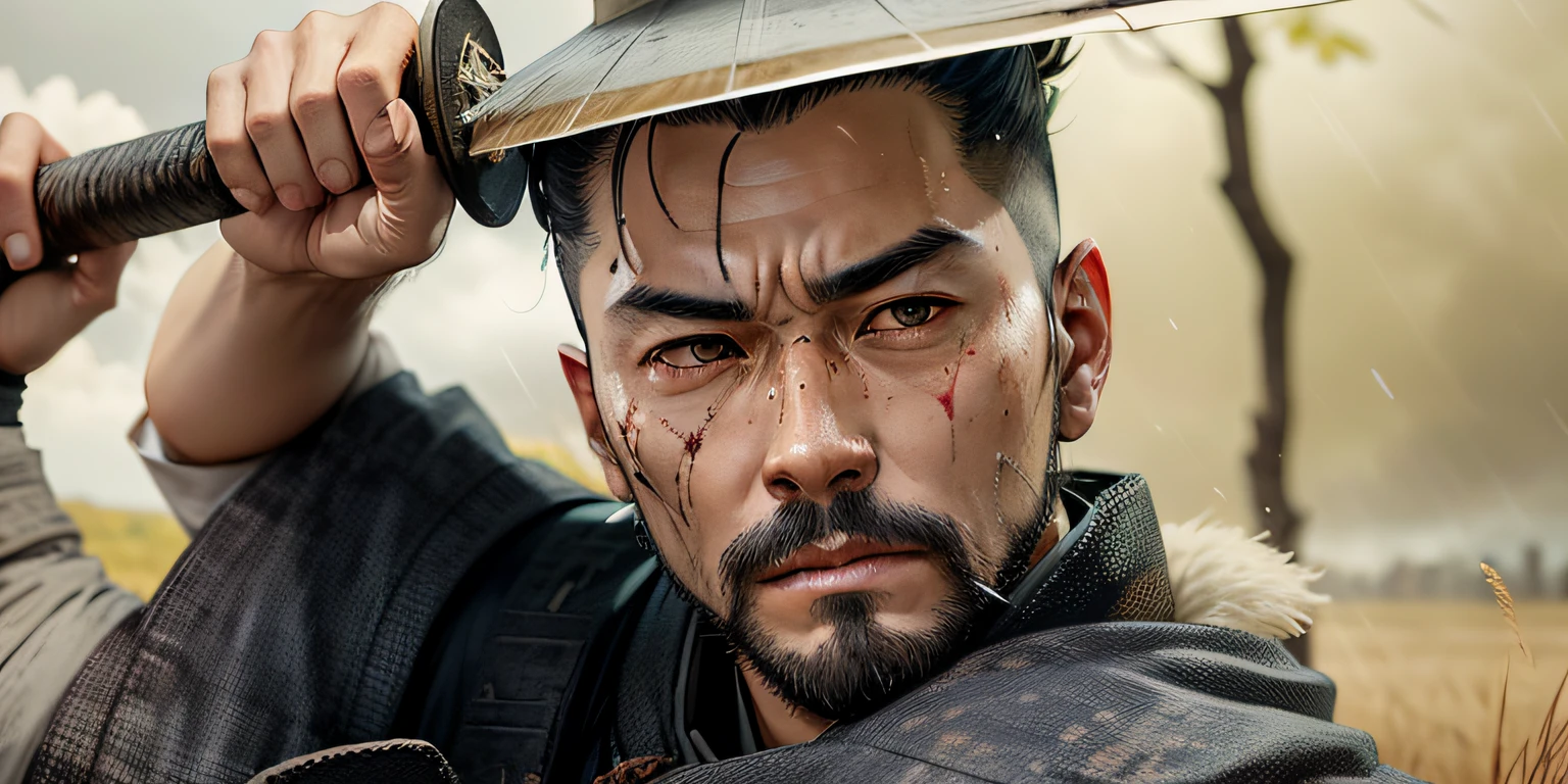 A samurai with a human skull head in a post-war setting