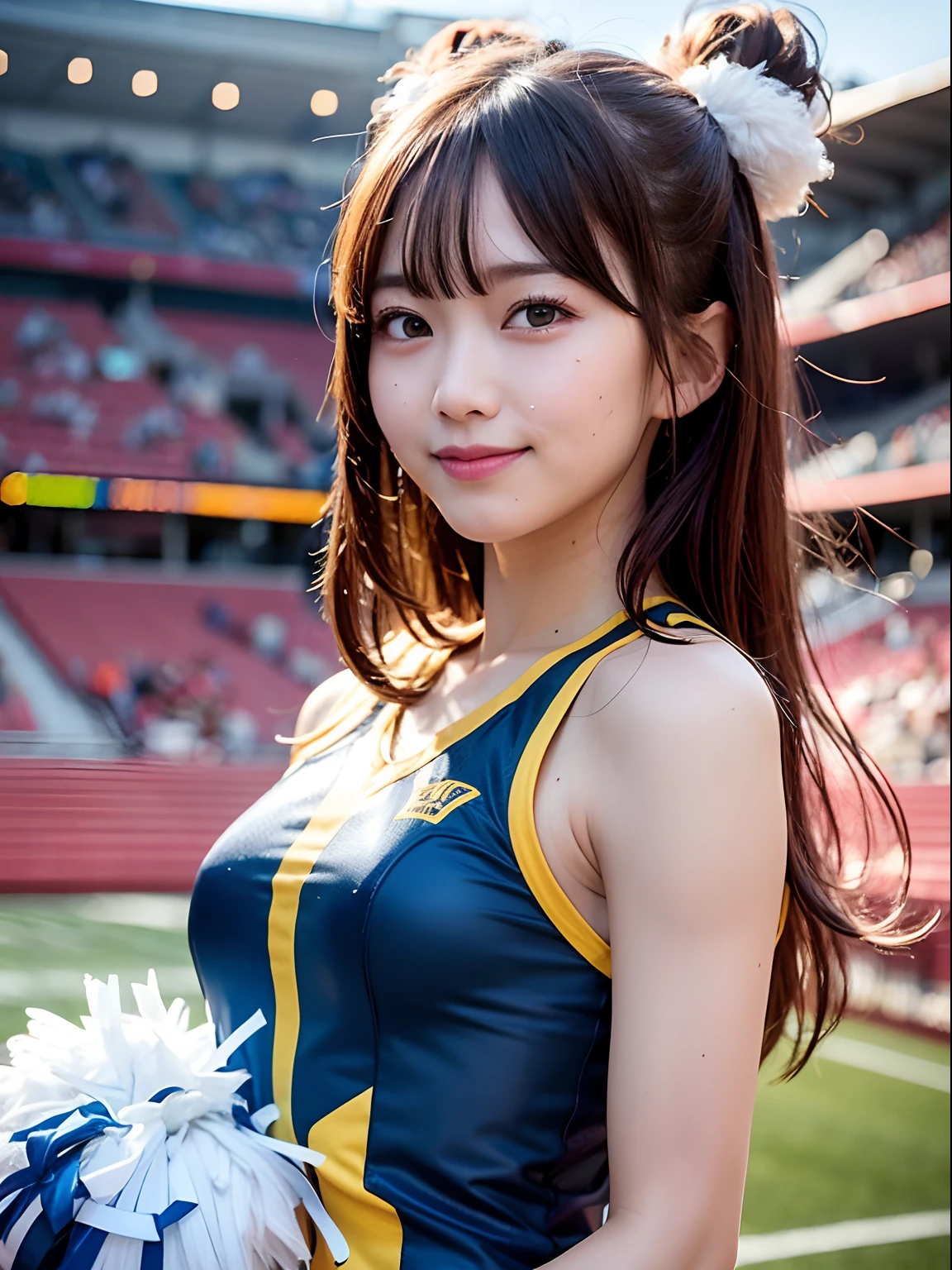 Two Ala-Fed Asian cheerleaders posing dynamically with pom-poms in stadium、write、a closeup、cosplay foto、Anime Cosplay、Short-cut hair、cute little、Raw photography, top-quality, hight resolution, (​masterpiece), (Photorealsitic:1.4), professional photograpy, foco nítido, nffsw, 8K分辨率, intricate detailes,  depth of fields, the Extremely Detailed CG Unity 8K Wallpapers, femele, girl with, beautiful supermodel, A smile、A slender、Small Cheer Uniform、amarelo、Colossal tits:1.2