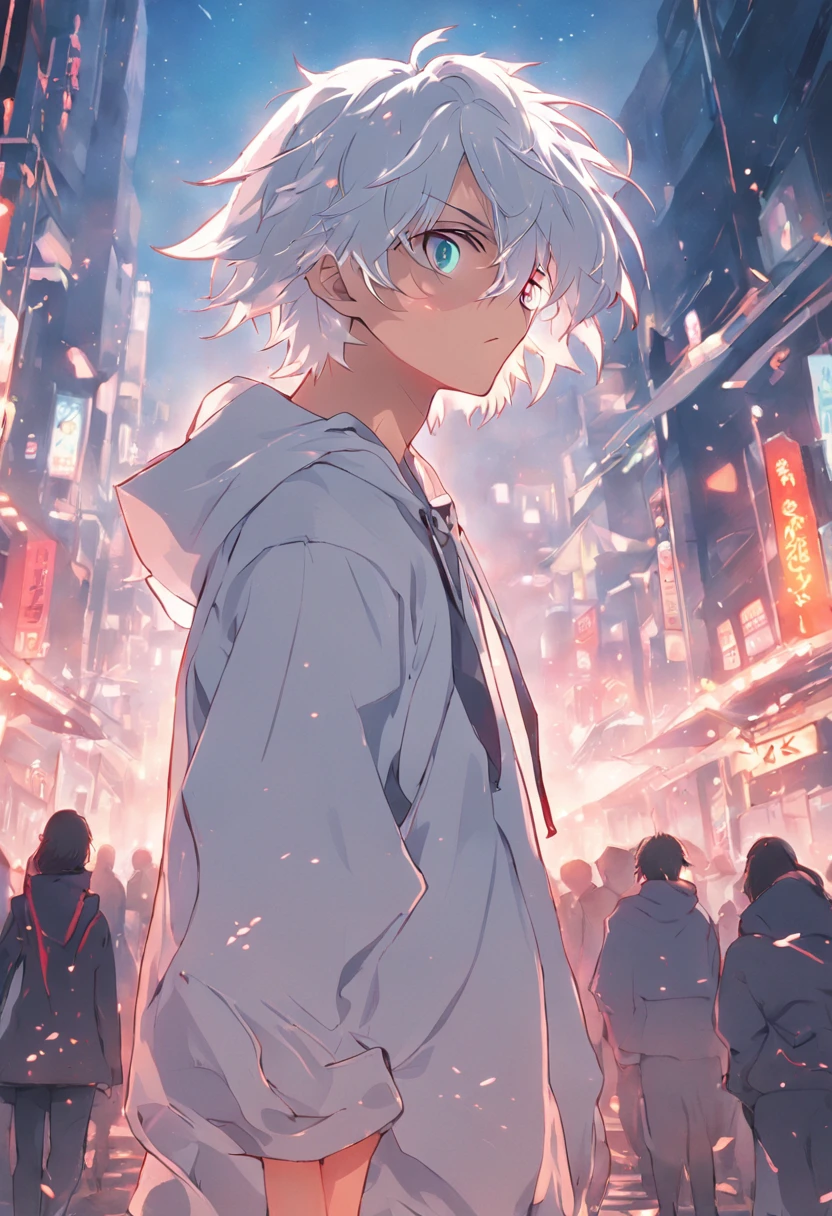 Gray-haired Japanese anime youth,Wearing VR glasses,, White hoodie, White shorts, No tattoos, No beard,  old, Wear white VR glasses