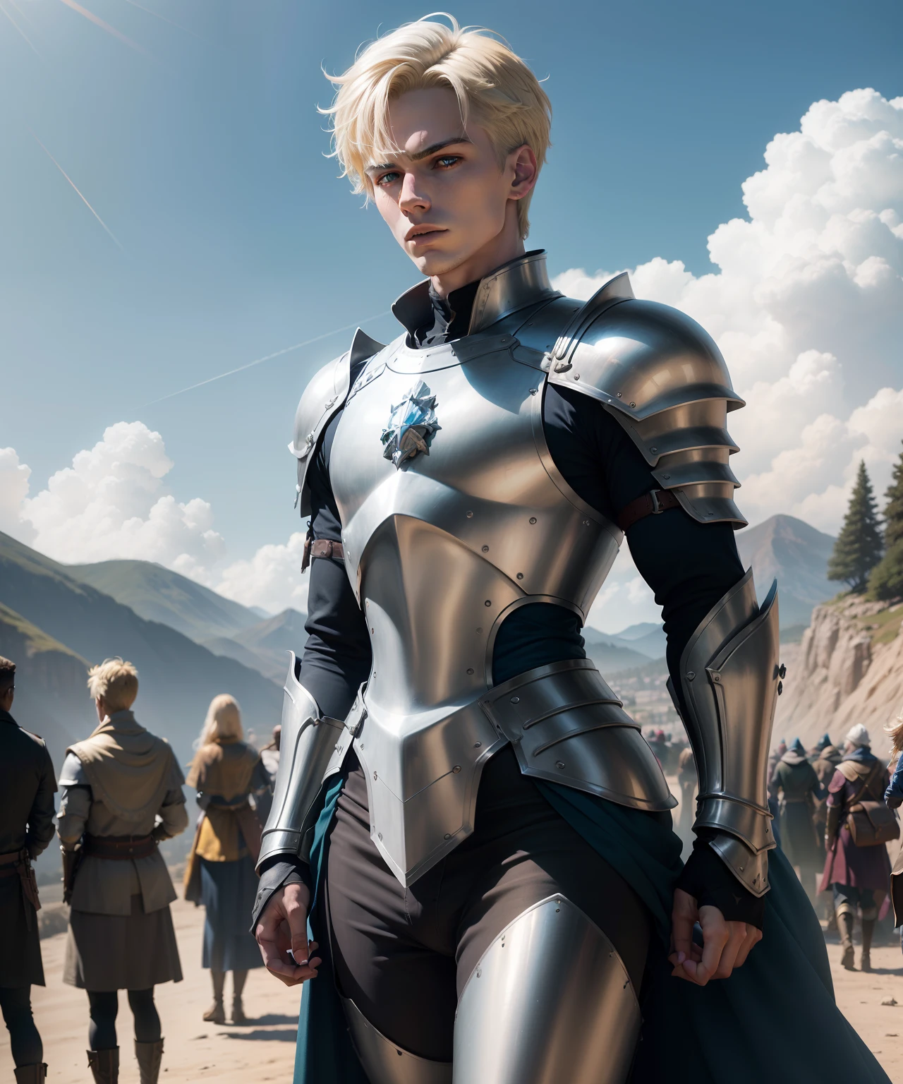 (RAW Photo, 4k, Masterpiece, High Resolution, Extremely Complex) (Realistic: 1.4), Cinematic Lighting, One male character, Spotlight, Splendor, On a Hill, Medieval\(Style\), (Best Quality) , (Highres ), (Silver armor with blue accents),(8k imposing face),(Yellow eyes),(ulzzang-6500:1.0),(solo),(blond hair)(messy short hair),( sky blue wings),( spectators) ,lookside,(side),(lush day),((speed)),(reality),