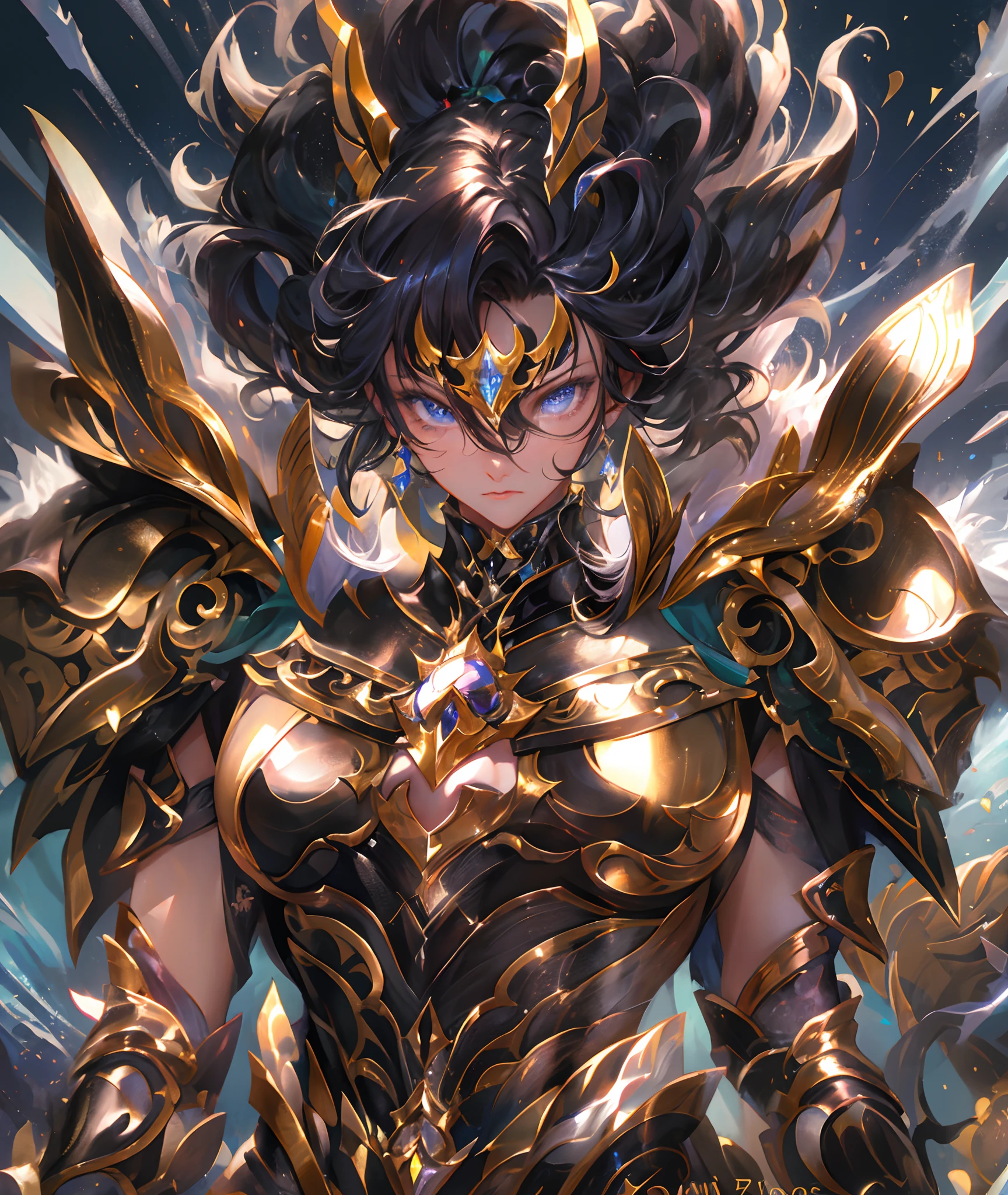 Ultra-high saturation，（tmasterpiece）， fully body photo，（best qualtiy）， （1girll）， starryskybackground，Wearing shiny gold armor， Sexy lingerie type armor，Expose your chest，Expose the waistline，Exposing thighs，cool-pose， Saint Seiya Armor， messy  hair，high detal, Anime style, Cinematic lighting, Sparkle, god light, Ray traching, filmgrain, hyper HD, textureskin, super detailing, Anatomical correct, A high resolution，Ultra-high saturation，hight contrast，High-gloss armor，Smooth skin，Serious expressions,Dark room,