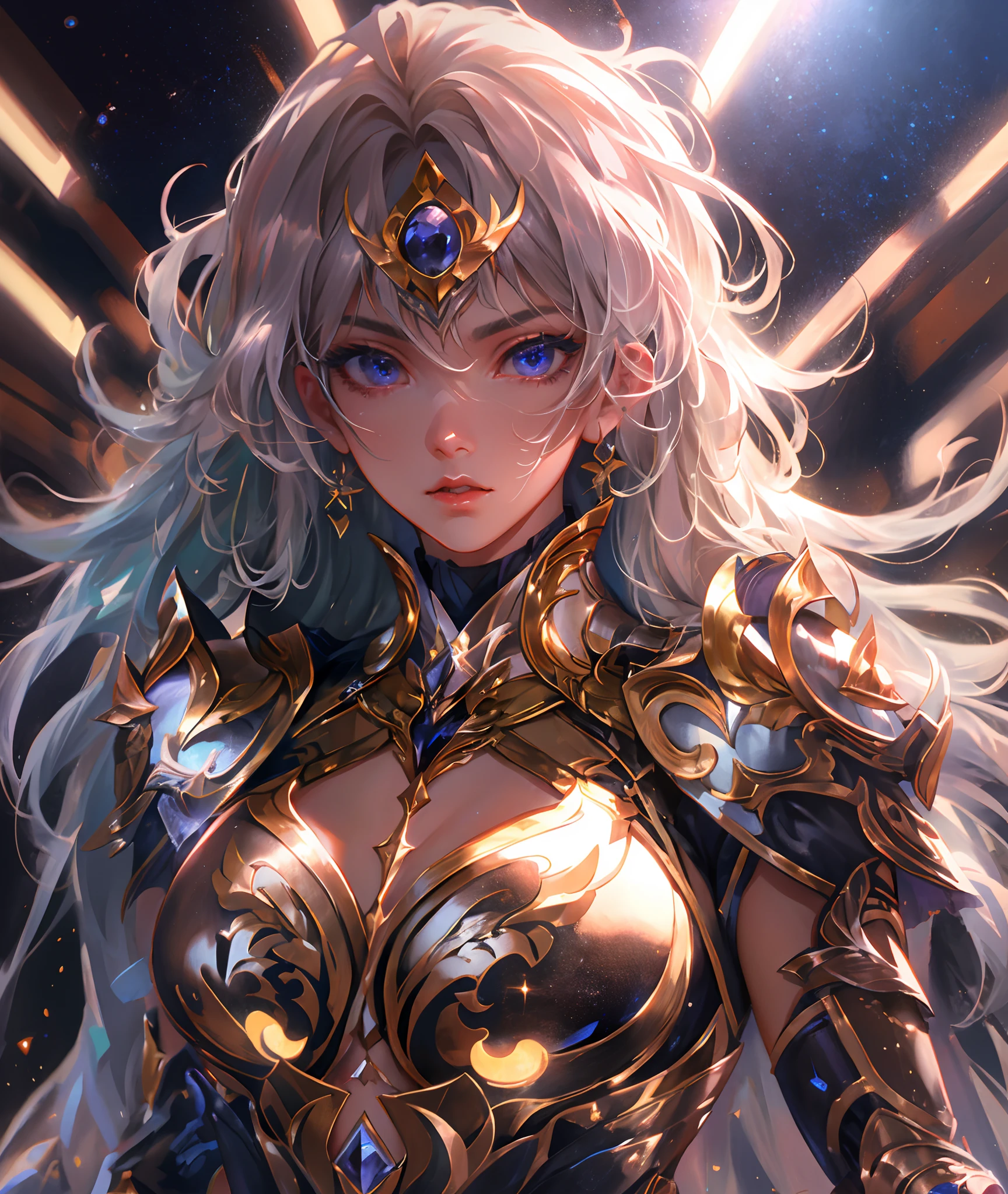 Ultra-high saturation,(tmasterpiece), fully body photo,(best qualtiy), (1girll), starryskybackground,Wearing shiny gold armor, Sexy lingerie type armor,Expose your chest,Expose the waistline,Exposing thighs,cool-pose, Saint Seiya Armor, messy hair,high detal, Anime style, Cinematic lighting, Sparkle, god light, Ray traching, filmgrain, hyper HD, textureskin, super detailing, Anatomical correct, A high resolution,Ultra-high saturation,hight contrast,High-gloss armor,Smooth skin,Serious expressions,Dark room,