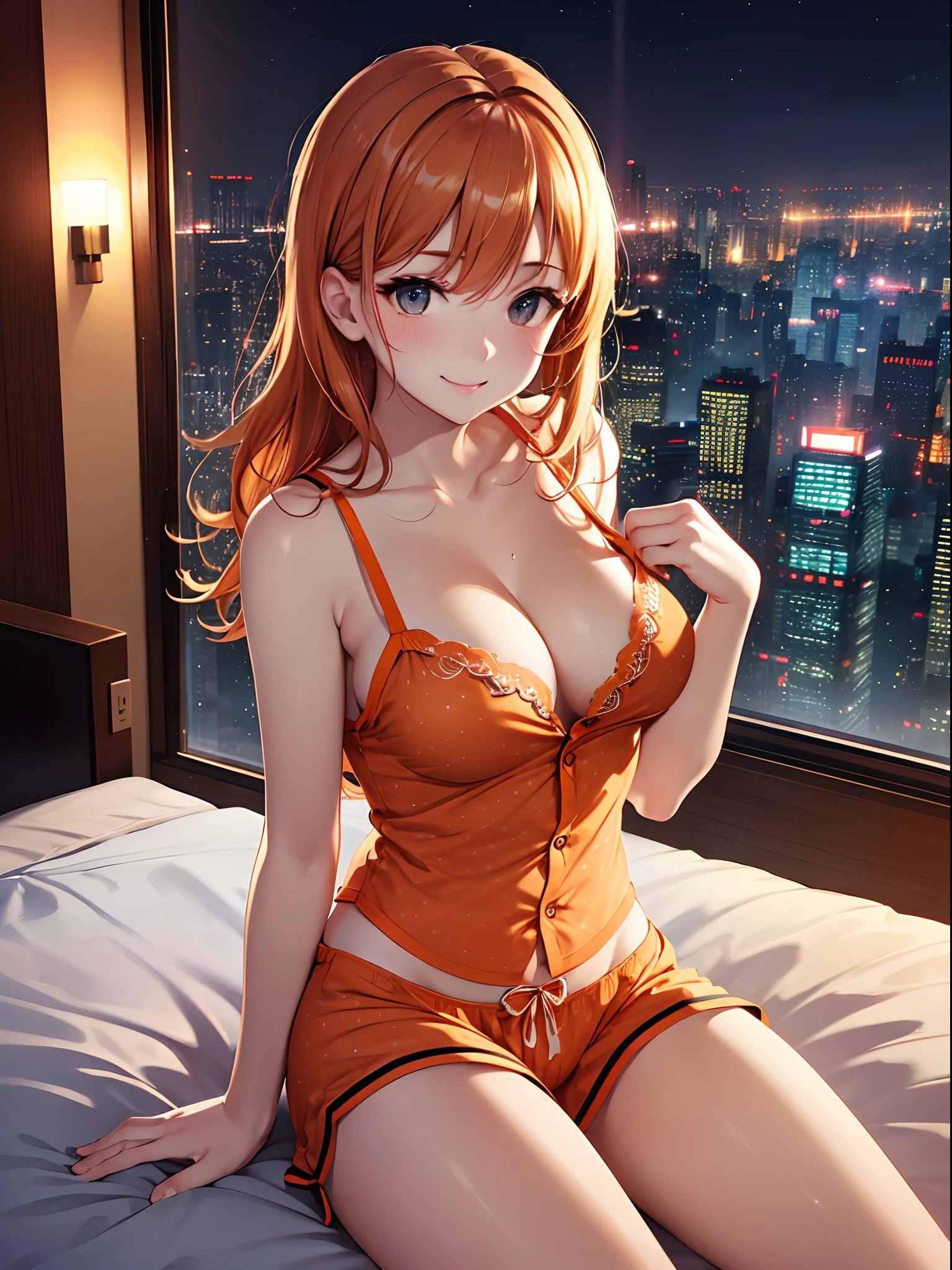 masutepiece、Best Quality、Illustration、 ultra-detailliert、hight resolution、8K Wallpapers、Perfect dynamic composition,、Beautiful detailed eyes、pajamas、(orange color camisole:1.3)、(Orange pajama shorts:1.3)、(Raw feet:1.3)、Medium Hair、(Beautiful Large Breasts:1.3)、Natural Color Lip、Bold sexy poses、Smile、Harajuku、20 years girl、Cute、Beautiful sister、Sexy shot looking at camera、60th floor of a tower apartment、Luxurious bedroom、You can see the night view from the window、nighttime scene、Sit in the middle of a large plush bed、Naughty atmosphere、Erotic Poses、Evocative Pose、Looming