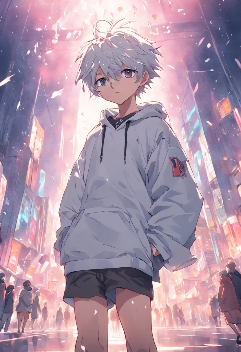 Gray-haired Japanese anime youth,Wearing VR glasses,, White hoodie, White shorts, No tattoos, No beard, 16 yaers old, Wear white VR glasses