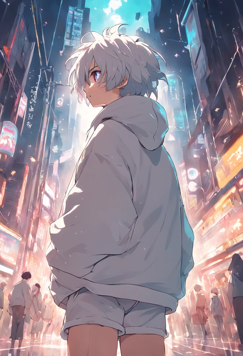 Gray-haired Japanese anime youth,Wearing VR glasses,, White hoodie, White shorts, No tattoos, No beard, old, Wear white VR glasses