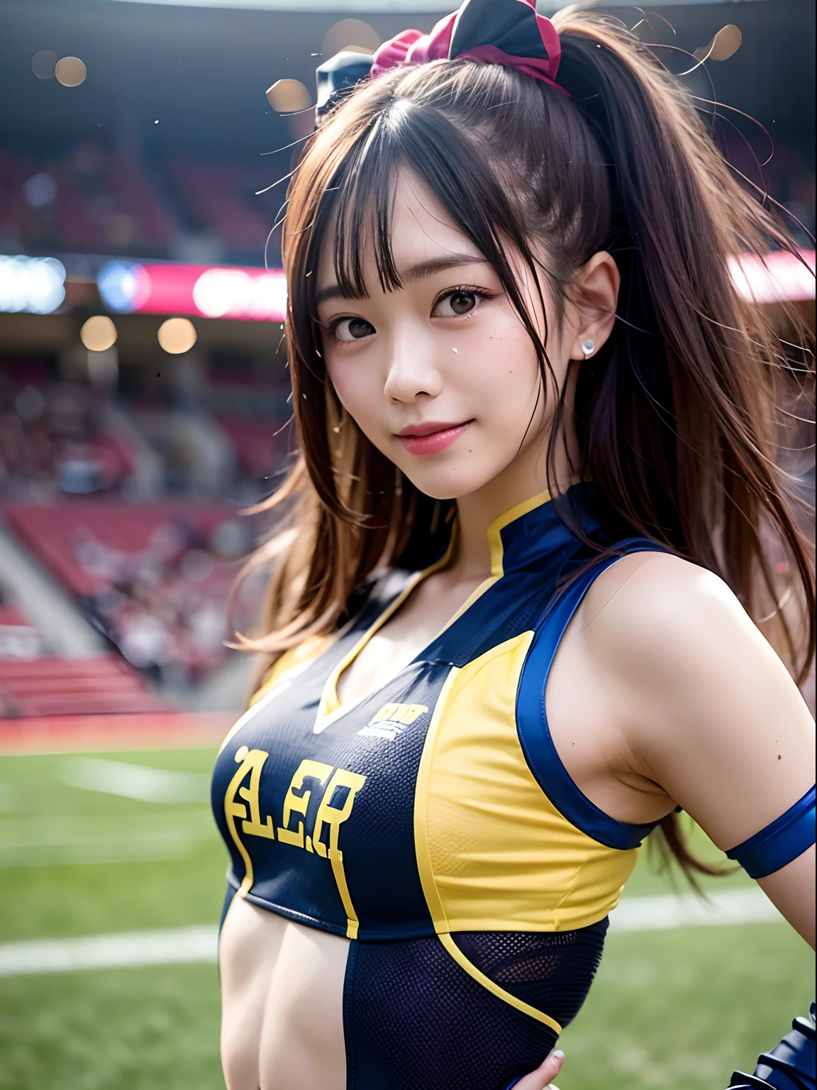 Ala Fed Asian cheerleader holding pom pom in stadium, closeup, closeup, cosplay photo, anime cosplay, small breasts, RAW photo, best quality, high resolution, (masterpiece), (photorealistic:1.4), professional photography, sharp focus, HDR, 8K resolution, intricate details, depth of field, highly detailed cg unity 8k wallpaper, Front Light, NSFW, Woman, Girl, Beautiful Supermodel, Smiling, Slender, (Sweating All Body:1.3), 2 Person