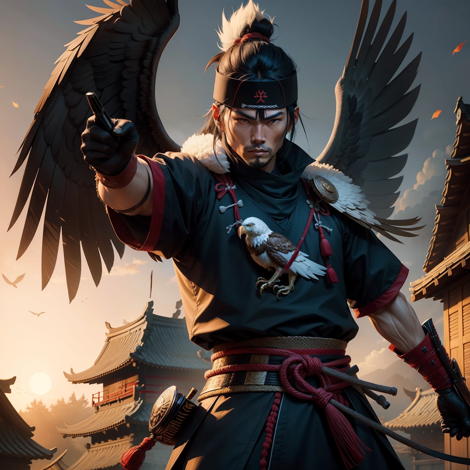 Samurai ninja killer in the village holding eagle