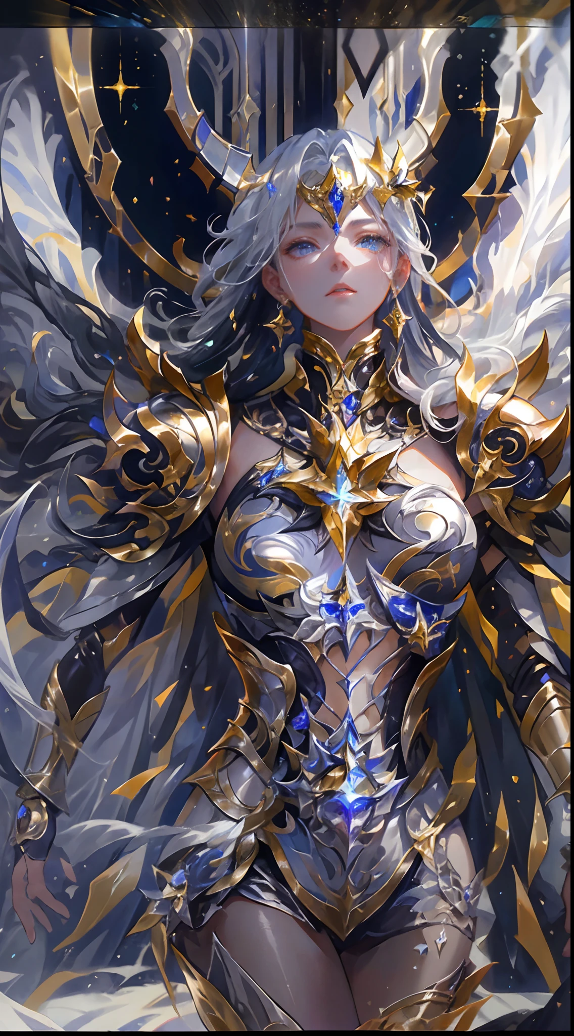 Ultra-high saturation，（tmasterpiece）， fully body photo，（best qualtiy）， （1girll）， starryskybackground，Wearing shiny gold armor， Sexy lingerie type armor，Expose your chest，Expose the waistline，Exposing thighs，cool-pose， Saint Seiya Armor， messy  hair，high detal, Anime style, Cinematic lighting, Sparkle, god light, Ray traching, filmgrain, hyper HD, textureskin, super detailing, Anatomical correct, A high resolution，Ultra-high saturation，hight contrast，High-gloss armor，Smooth skin，Serious expressions,Dark room,