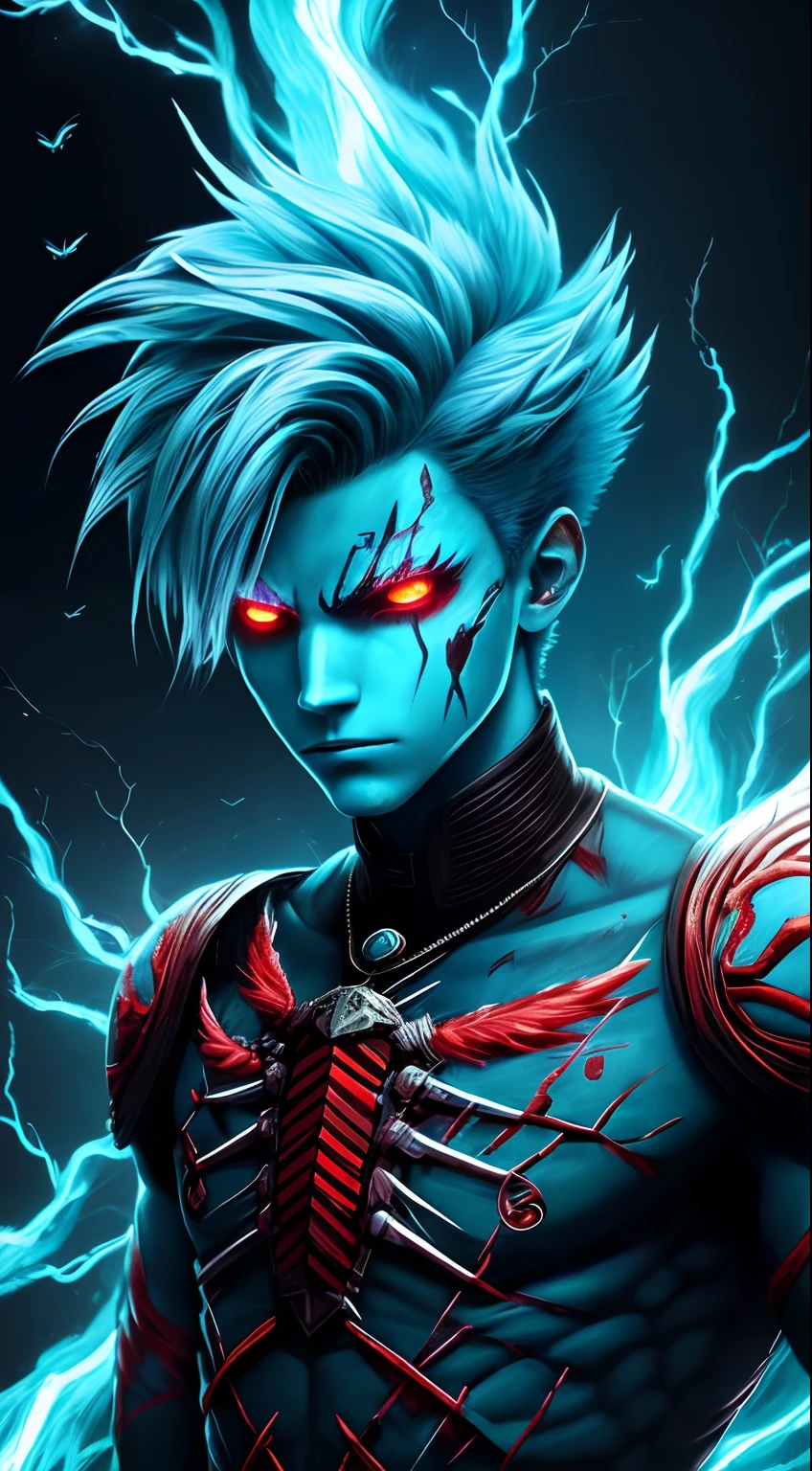 A cyan face cracked,Humanoid boy with red eyes, In the style of twisted branches, Flaming feathers,Spooky serpentine totem,Roar in anger craft design, Supernatural creatures, Realistic characters, Underground fireflies, Burning blue cotton hair,Cool boy,Mechanical body