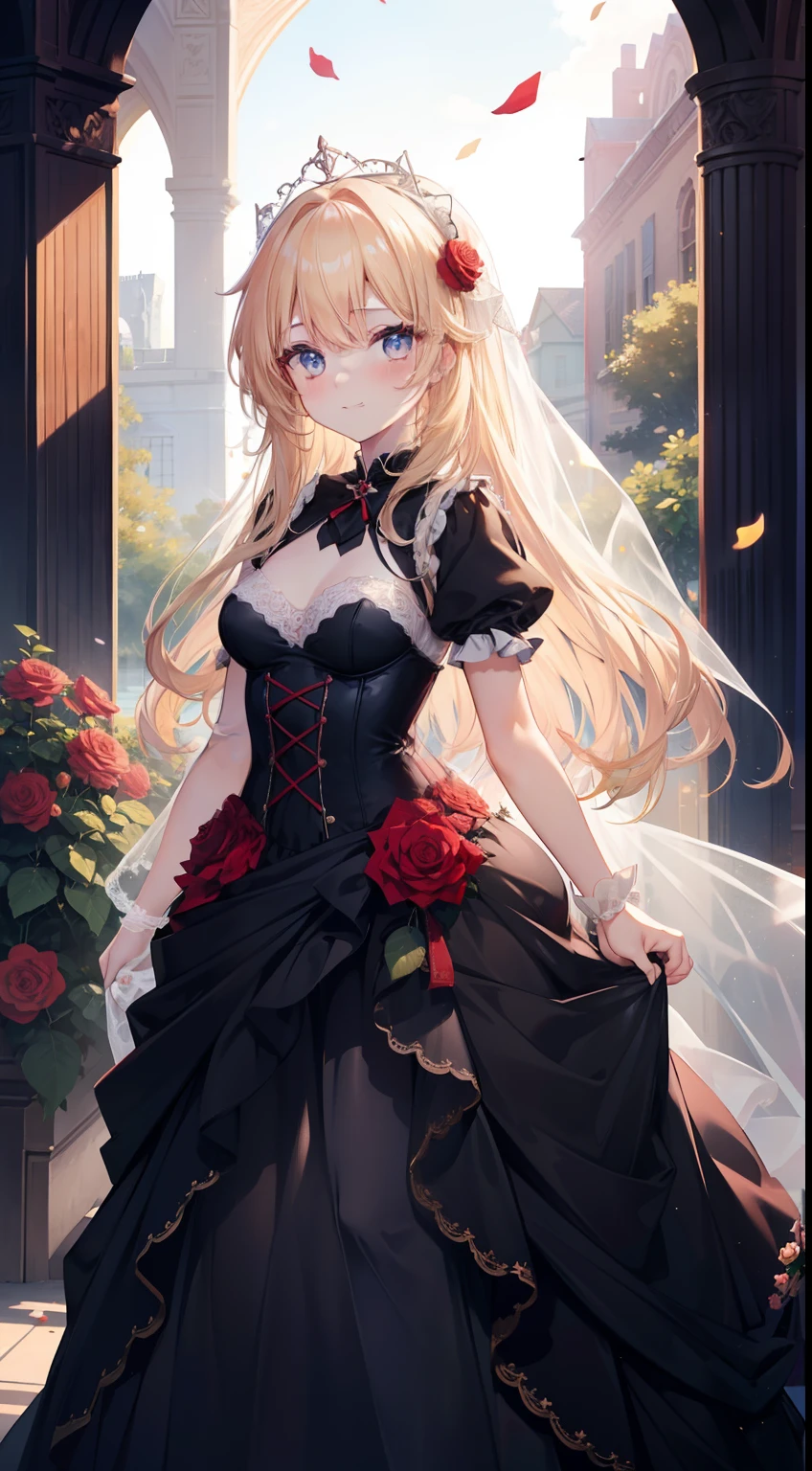 ((​masterpiece)), (top-quality), (detaileds),4K resolution. 1 Girl Sharp Focus、a blond,Princess Cut,odd eye,Older sister,diet,long,Red Rosa,tiarra,Black Dress,curlyhair,small tit,small tits,Cool,Rose Dress,embroideries,oriental,A sexy,Sareme,garden,Sunnyday,blue-sky,Confetti、small nose,narrow nose and small nose,,,,,,,,,,,,,,,,,,,,,,,,,,,,,,,,,,,,High small nose,small nostrils,see -through,Full body like,oblique,1girl in,Golden hair color,Light hair color,Beige hair color,Rosa,Red Rose,Rosa,Red Rose,Rose Dress,weddingdress,Arm Cover，Adults，adult lady，veils，Kamimei,Red Rose,Rosa,Rosa,Rosa,Rosa，Rosa,Red Rose，Big sister，adult lady，adult lady，adult lady，，adult lady，adult lady，Adult Women Mermaid Dresses，Mermaid Dresses，corsets，corsets，corsets，corsets，A smile，Straight bangs,to stand、Standing by the water、Meticulous feet、Beautifully aligned fingers