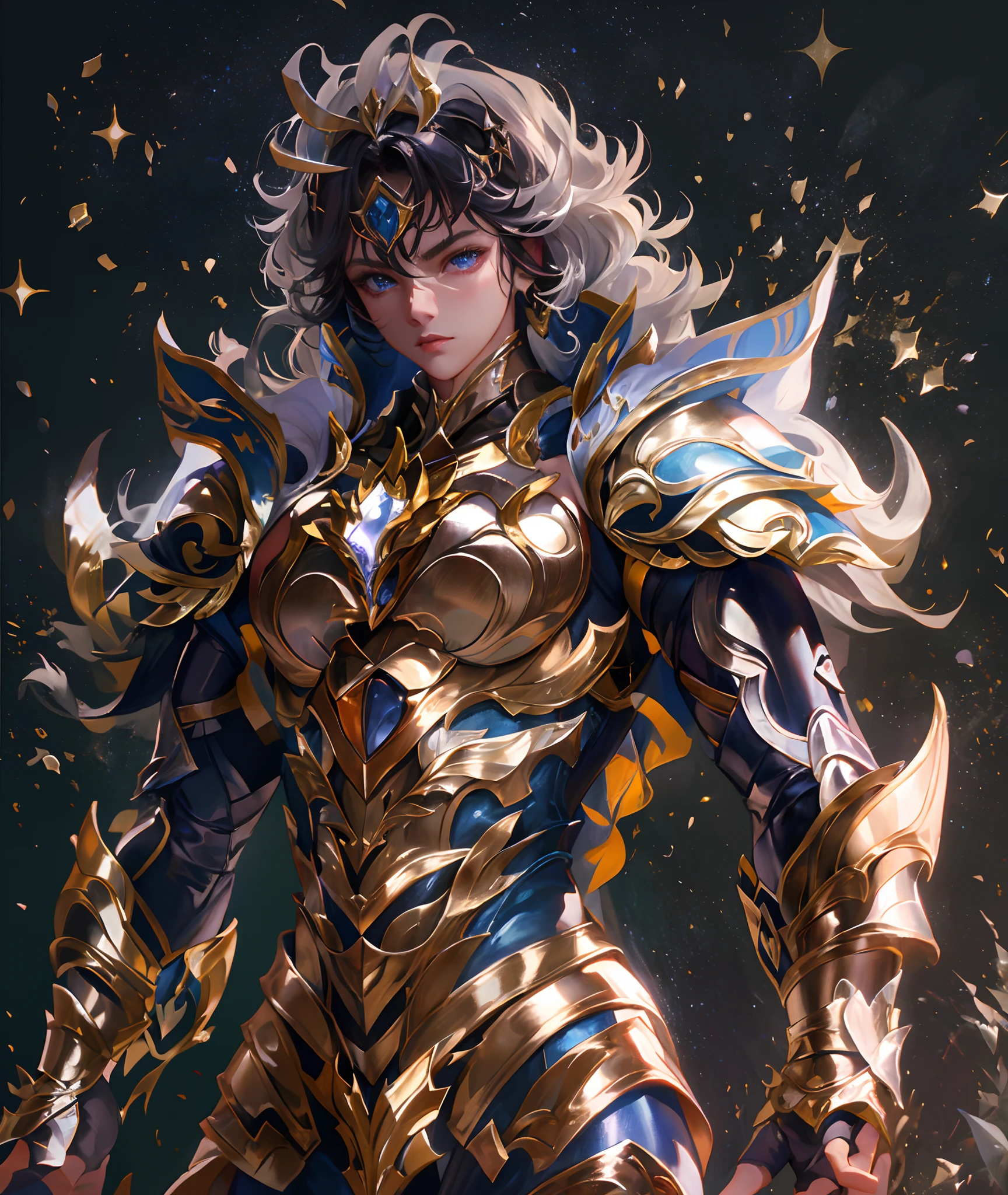 Ultra-high saturation，（tmasterpiece）， fully body photo，（best qualtiy）， （1girll）， starryskybackground，Wearing shiny gold armor， Sexy lingerie type armor，Expose your chest，Expose the waistline，Exposing thighs，cool-pose， Saint Seiya Armor， messy  hair，high detal, Anime style, Cinematic lighting, Sparkle, god light, Ray traching, filmgrain, hyper HD, textureskin, super detailing, Anatomical correct, A high resolution，Ultra-high saturation，hight contrast，High-gloss armor，Smooth skin，Serious expressions,Dark room,