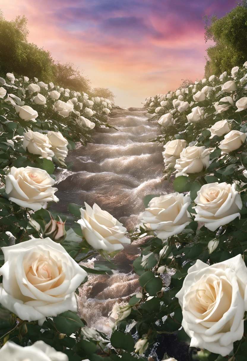 White roses in water，White roses，A sea of flowers。