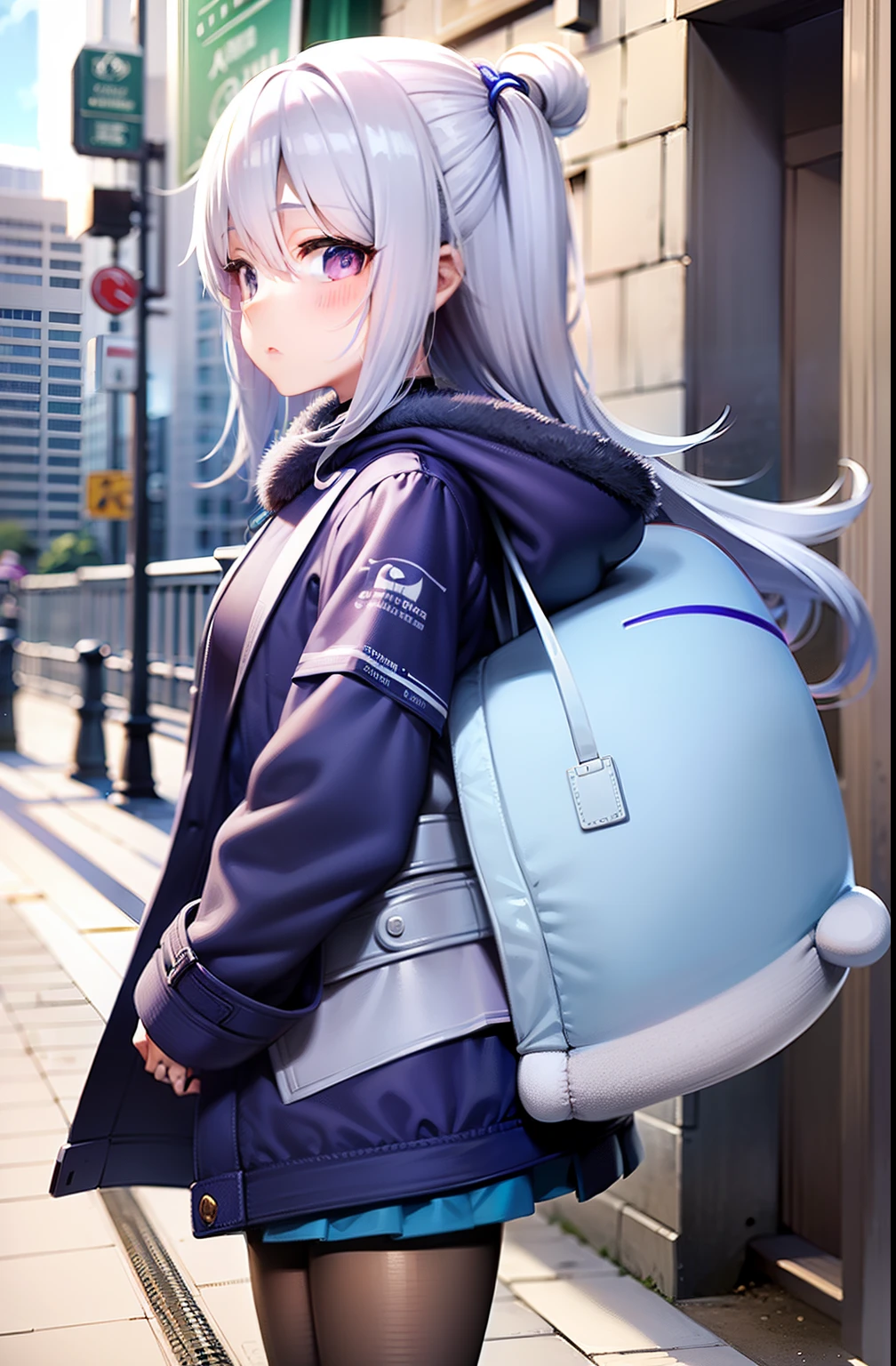 Blue-purple coat,white clothes,whale,white color hair,bit girl,whales