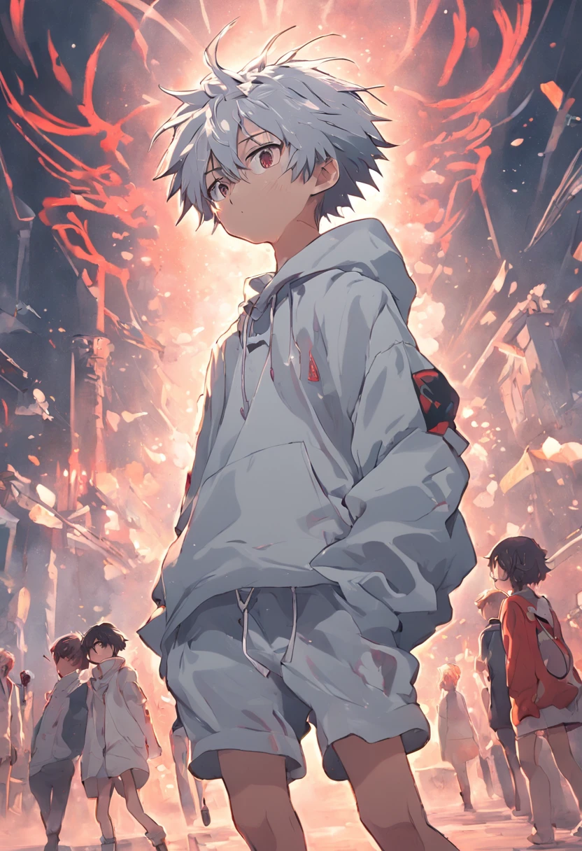 Gray-haired Japanese anime youth,Wearing VR glasses,, White hoodie, White shorts, No tattoos, No beard, 16 yaers old, Wear white VR glasses