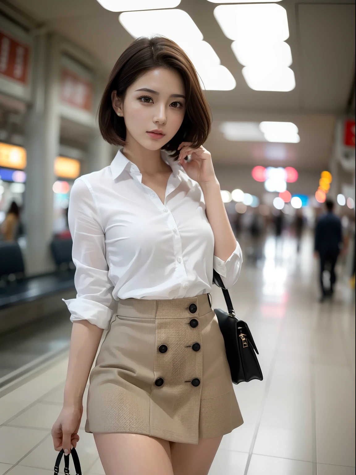 ((Best quality, 8k, Masterpiece: 1.3, raw photo)), Sharp focus: 1.2, (1 AESPA girl: 1.1), (realistic, photo-realistic:1.37), face focus, cute face, small breasts, flat chest, brunette short messy hair, walking, business suit skirt, white shirt, train terminal, air port, sunlight, cinematic lighting