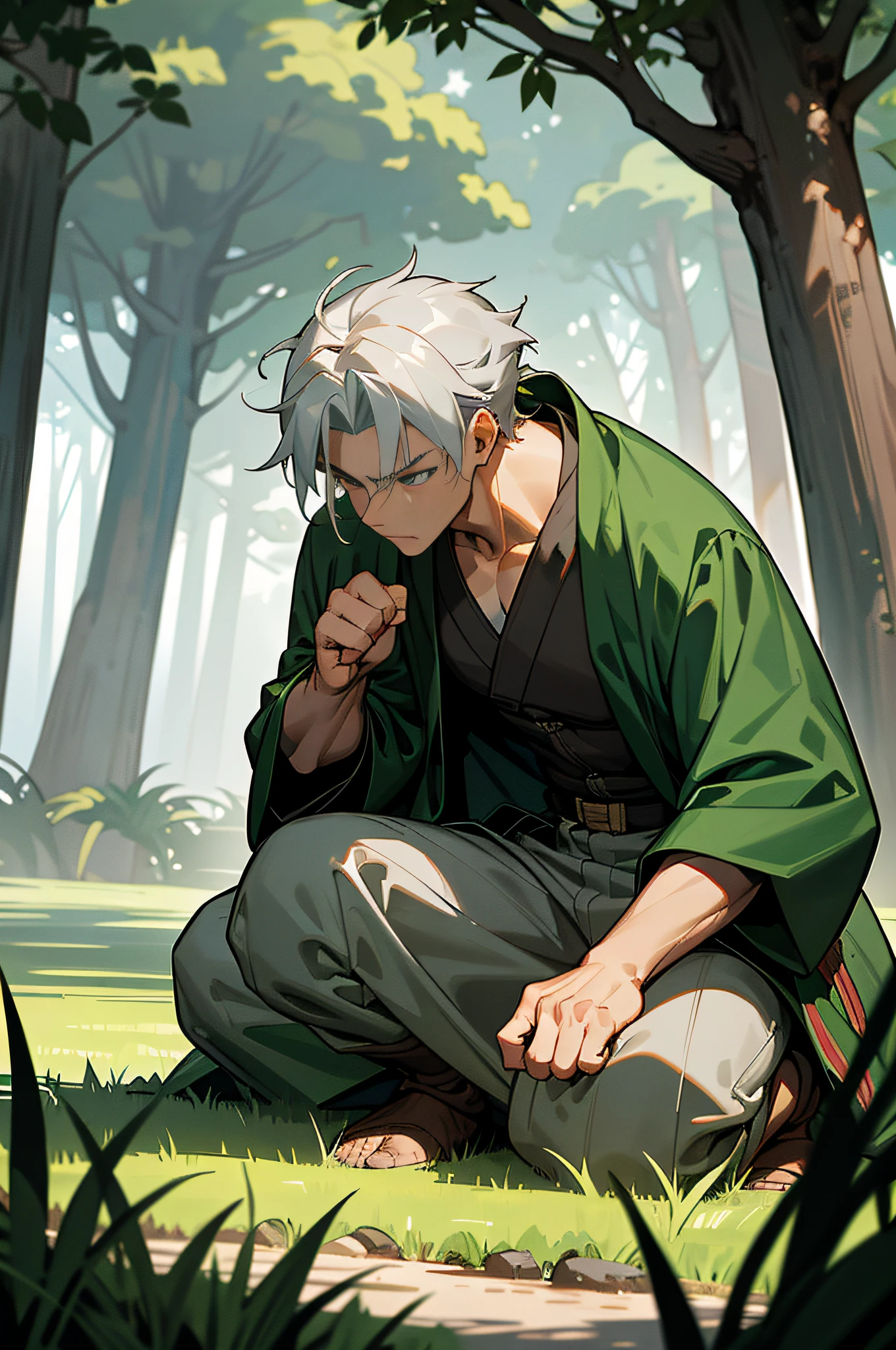 The grass is thick and the forest sea is verdant. Next to a towering ancient tree, A strangely dressed man seemed to be crouching on a horse, his right hand clenched into a fist parallel to the ground, grey hair, medium hair, wide eyes, unconscious, anime style, depth of field --auto