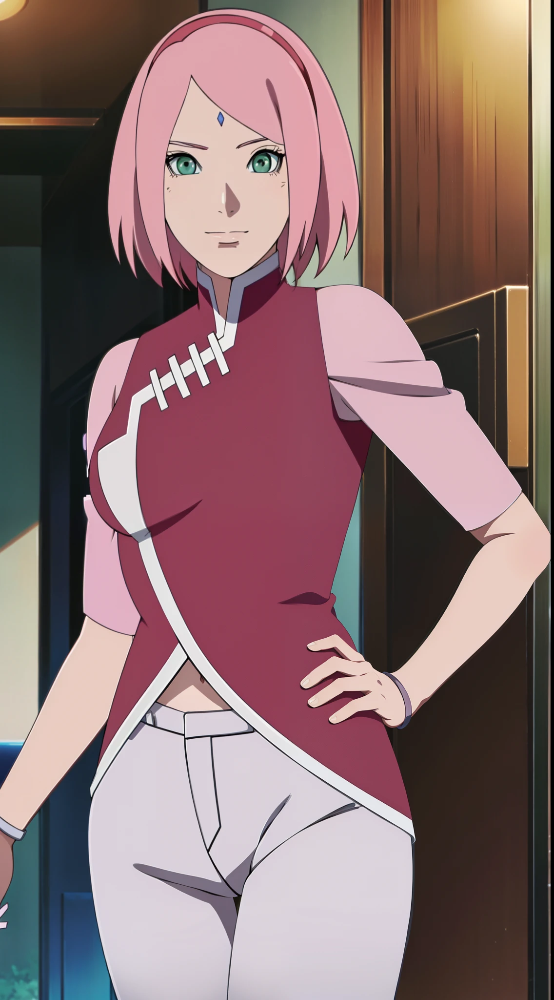 haruno sakura from anime naruto, pink hair, short hair, wearing red clothes, slightly smiling face, white pants, beautiful, beautiful woman, perfect body, perfect boobs, anime style, masterpiece, super detail, high detail, high quality, best quality , 1080p, HD, 16k