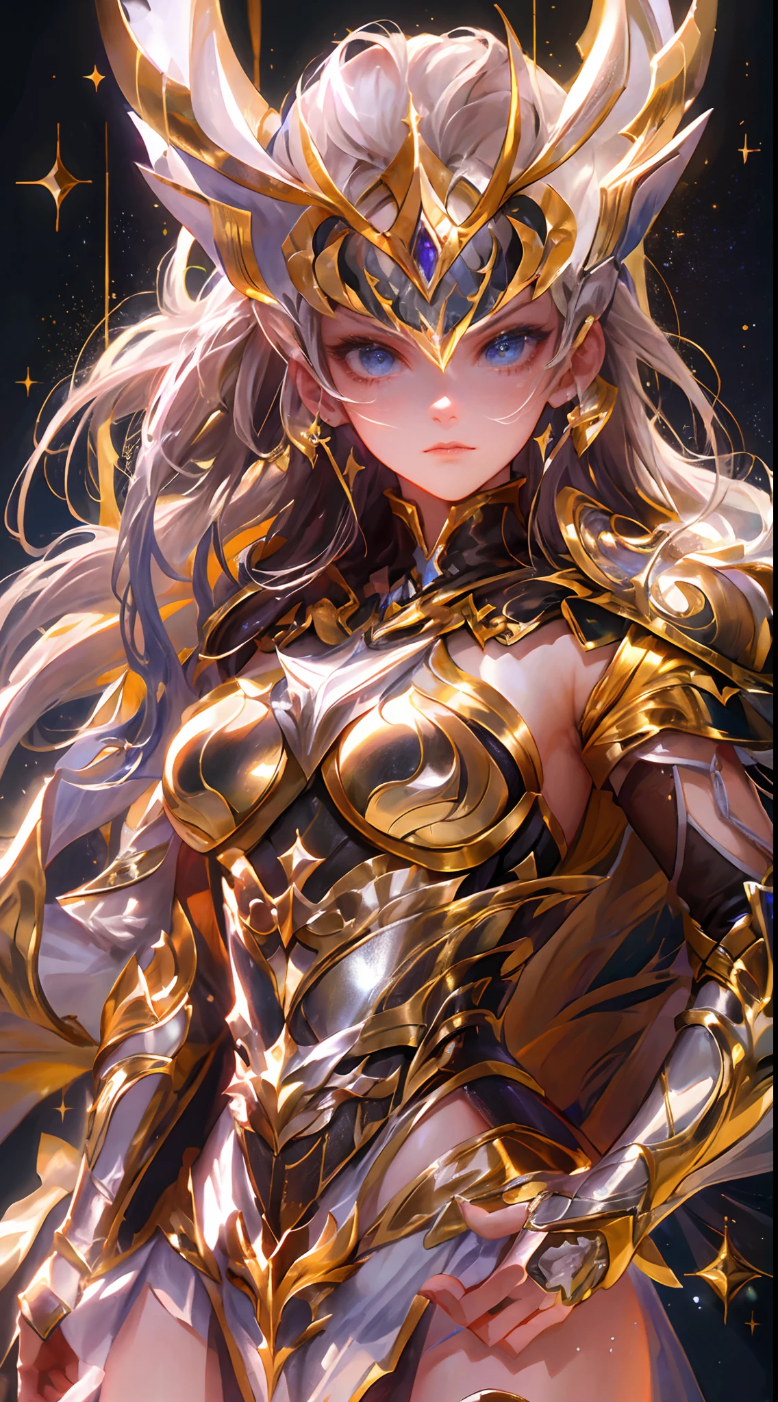 Ultra-high saturation，（tmasterpiece）， fully body photo，（best qualtiy）， （1girll）， starryskybackground，Wearing shiny gold armor， Sexy lingerie type armor，Expose your chest，Expose the waistline，Exposing thighs，cool-pose， Saint Seiya Armor， messy  hair，high detal, Anime style, Cinematic lighting, Sparkle, god light, Ray traching, filmgrain, hyper HD, textureskin, super detailing, Anatomical correct, A high resolution，Ultra-high saturation，hight contrast，High-gloss armor，Smooth skin，Serious expressions,Dark room,